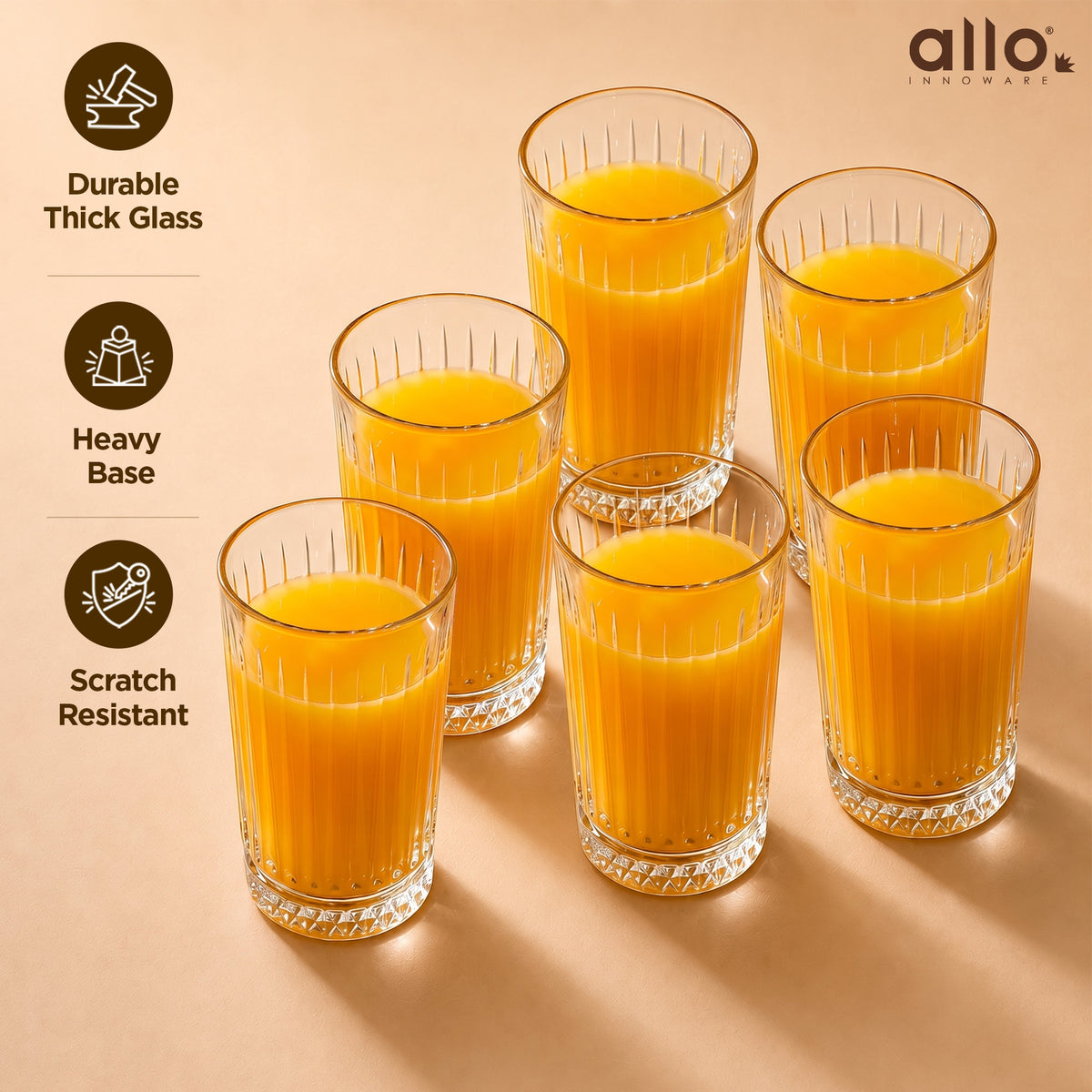 Allo Premium Glass Set Of 6, 300 ml, Latest Design Glasses For Water, Juice, Whisky, Cold Drink | Lead Free | Perfect For Home & Parties, Gift Set Packaging | Transparent Diamond Base Glass