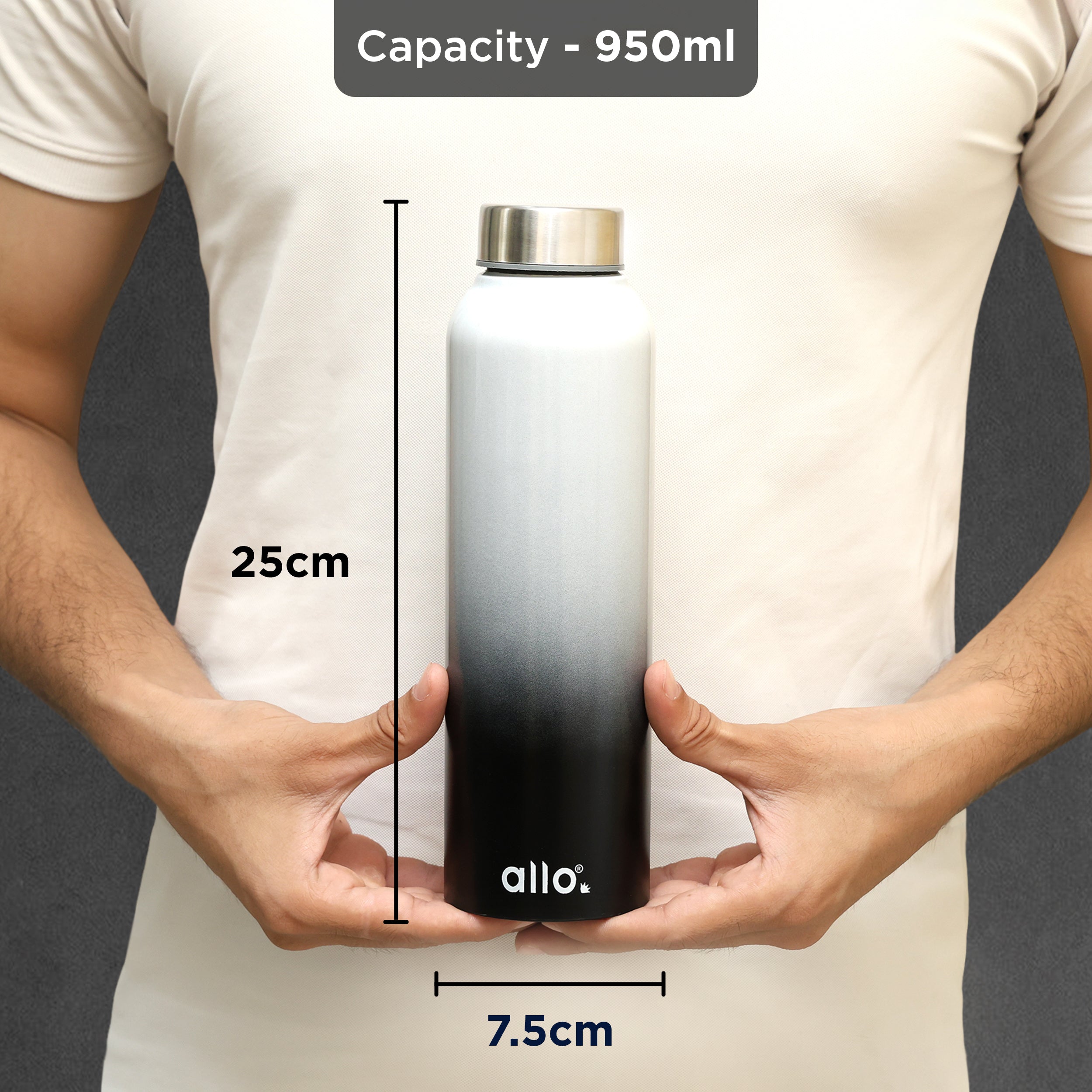 Allo Steel Water Bottles Stainless Steel Sipper Water Bottle for adults, kids 0.95 Litre Water Bottles for School, Office, Sports, Gym 950ML Water Bottle for Men and women, White & Black 950ml