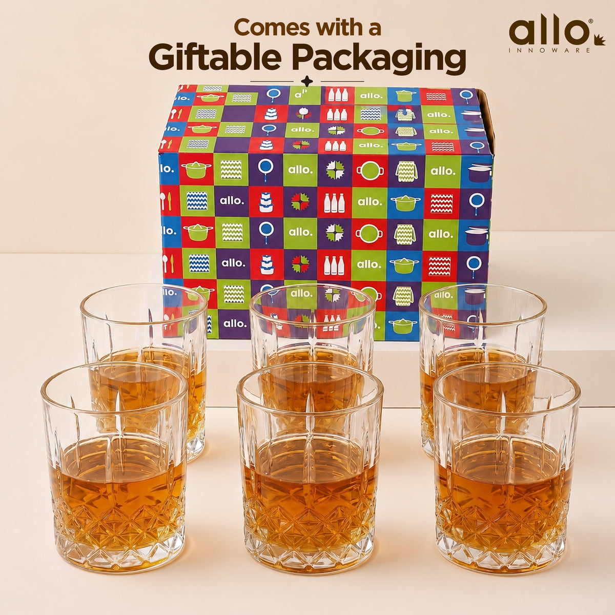 Allo Glass Set Of 6 Premium Whisky Glasses, 330 ml, For Drinking Water, Wine, Cocktail, Mocktail, Martini, Liquor, Alcohol, Scotch, Bourbon | Gift Set Packaging | Transparent Fluted Diamond Base Glass
