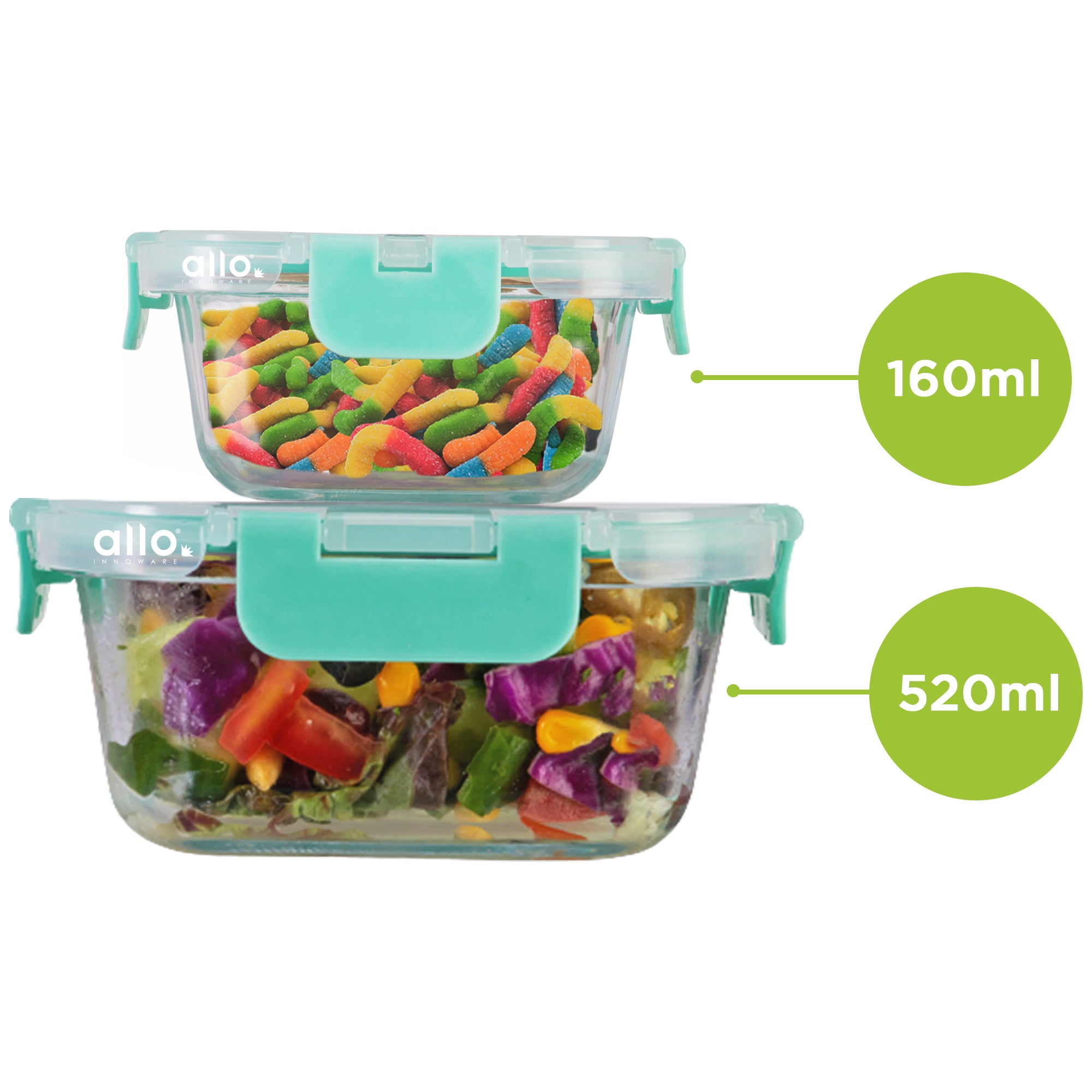 Allo Food Safe Glass Containers with Lids with Break Free Lock, Microwave Safe Containers, Borosilicate Meal Prep Glass Food Storage Containers for Kitchen, Set of 2 160ml, 520ml, Square.