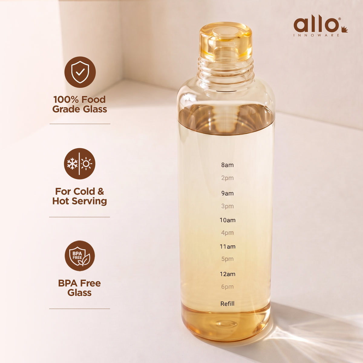 Allo Glass Water Bottle For Women & Men, 600 ml, Aesthetic H2O Bottles For Drinking Detox Water, Juice, Milk, Soda | 0.4 Ltr Bottle For Fridge, Storage, Home | Gift Set Packaging | Time Marked Orange
