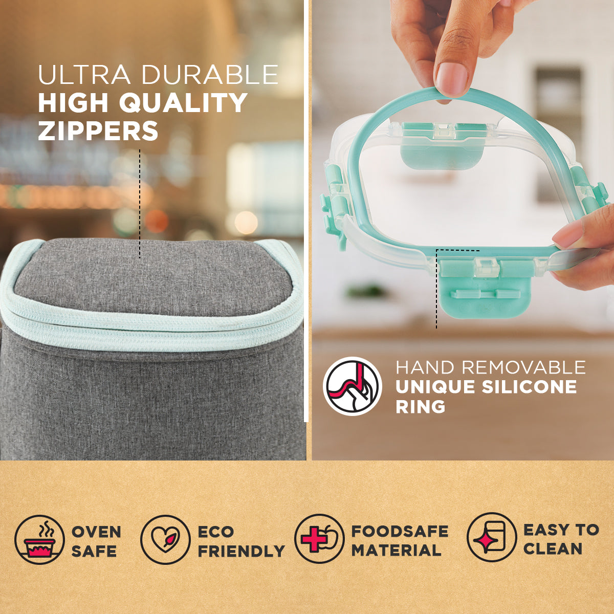 Allo Food Safe Glass Lunch Box with Break Free Detachable Lock, 450°C Microwave Safe Lunch Box, Borosilicate Glass Tiffin for office with Denim Grey Tiffin Bag, Set of 3, 160ml x 1, 310ml x 2, Square.