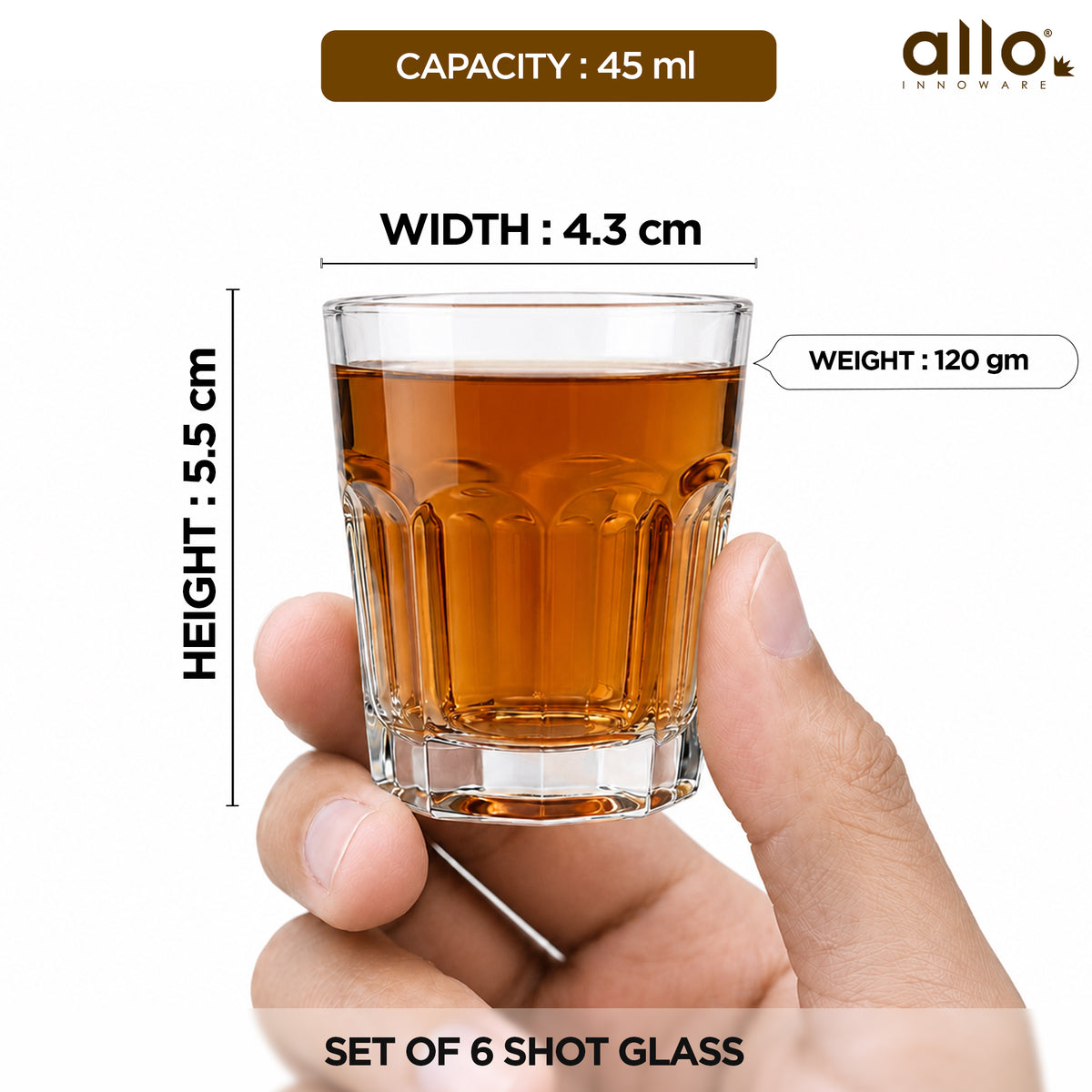 Allo Shot Glasses Set Of 6, 40 ml, Small Glass For Vodka, Tequila, Liquor, Wine, Party, Bar | Gift Set Packaging | Transparent | Vintage Shot Glass