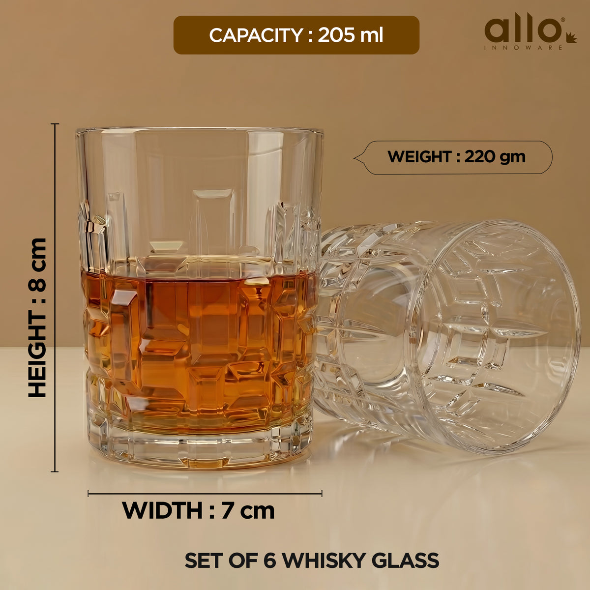 Allo Glass Set Of 6 Premium Whisky Glasses, 205 ml, For Drinking Water, Wine, Cocktail, Mocktail, Martini, Liquor, Alcohol, Scotch, Bourbon | Gift Set Packaging | Transparent Block Cut Whiskey Glass
