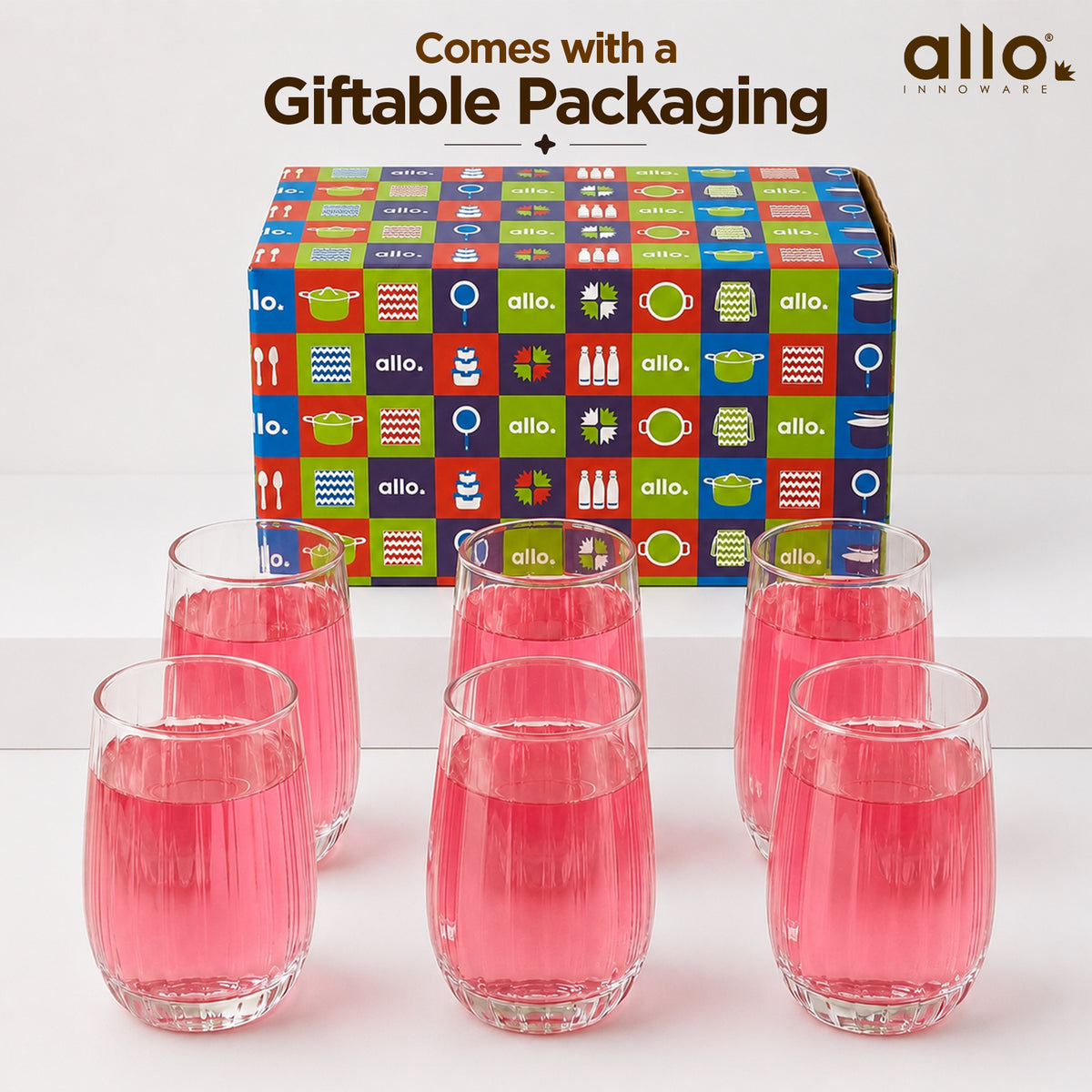 Allo Premium Glass Set Of 6, 400 ml, Latest Design Glasses For Water, Juice, Whisky, Cold Drink | Perfect For Home, Restaurants & Parties, Gift Set Packaging | Transparent Fluted Round Glass