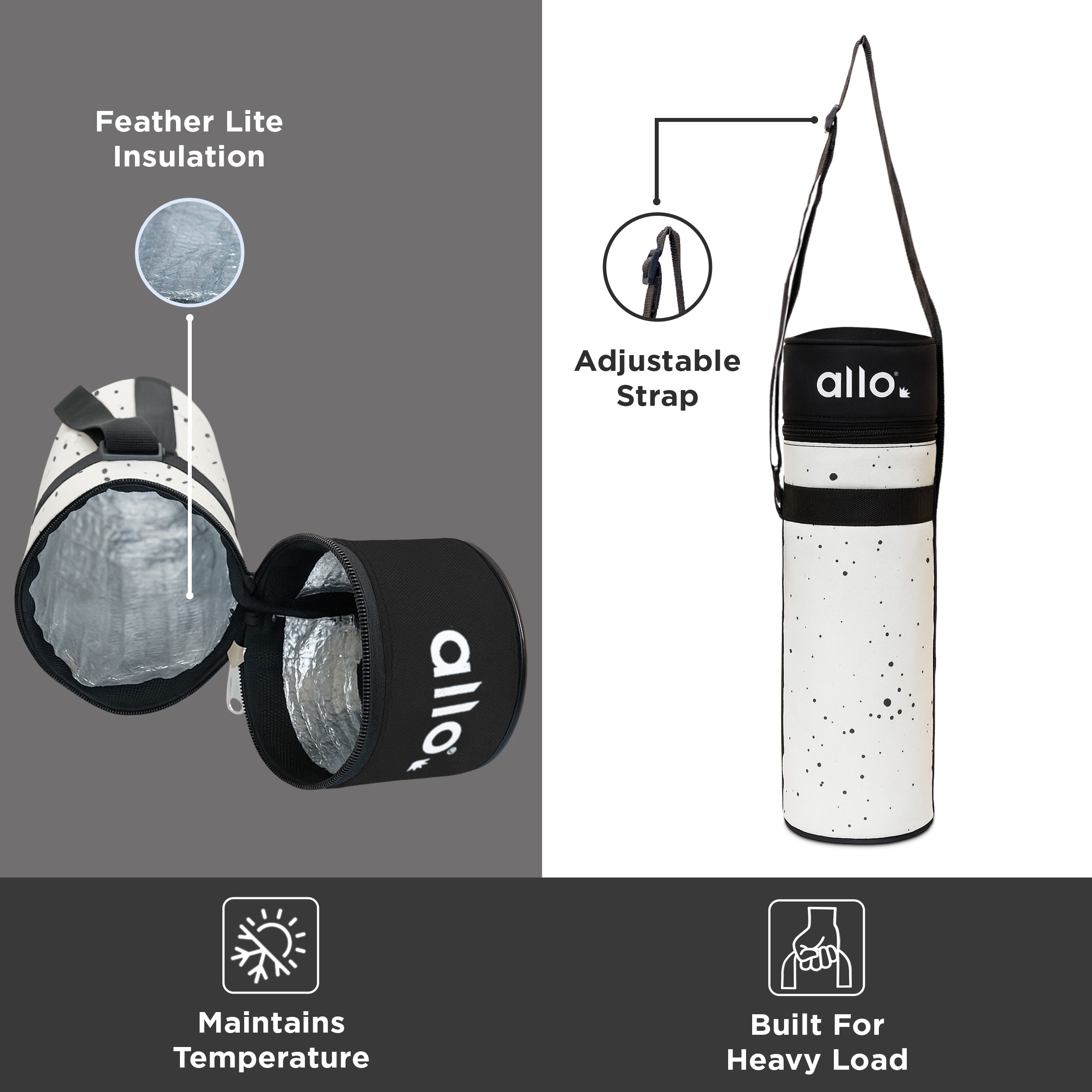 Allo Polyester Thermal Insulated 1L Bottle Cover – Water-Proof Modern Carrier Sleeve with Adjustable Shoulder Handle & Zipper Closure for Travel, Hiking, Office & School, Splash White