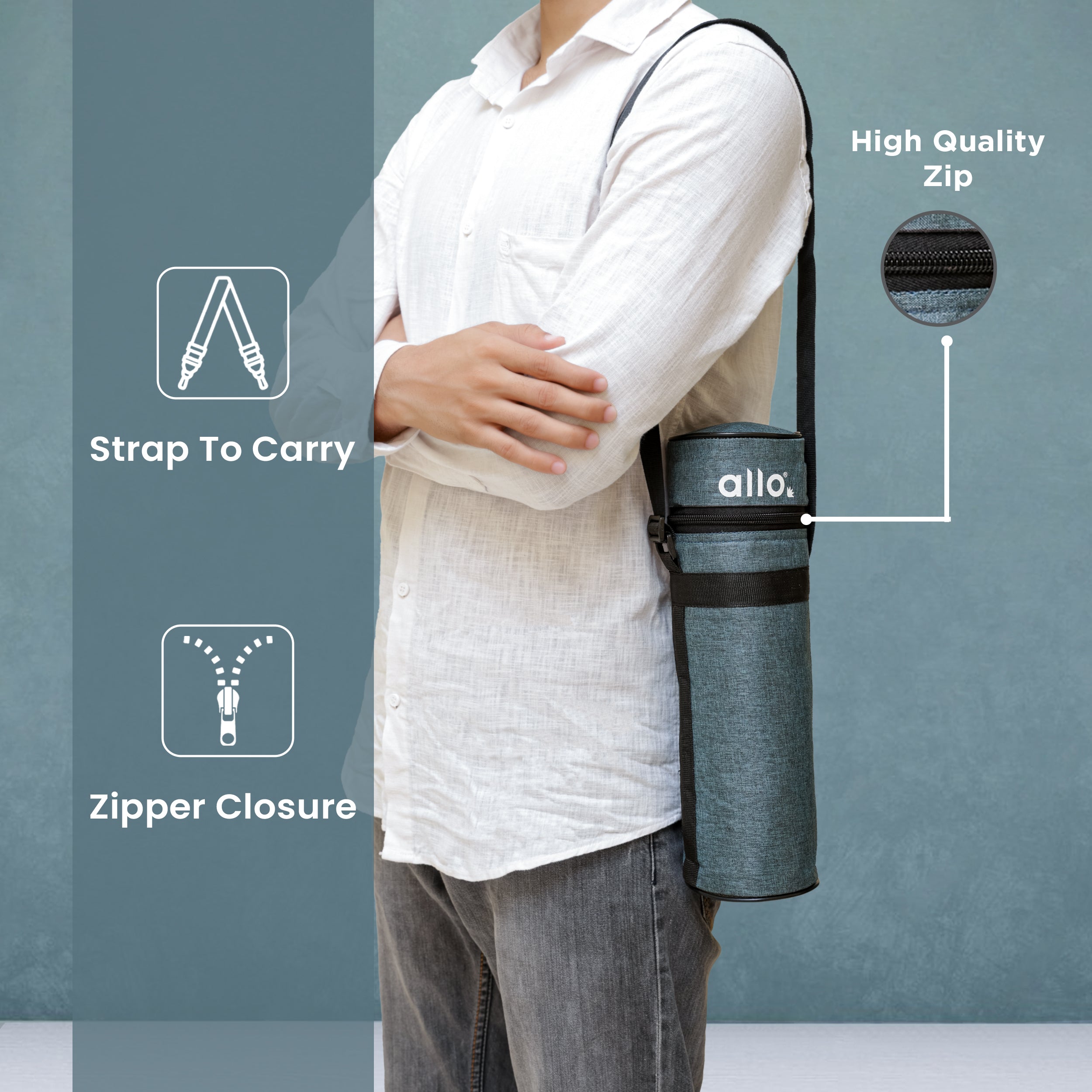 Allo Polyester Thermal Insulated 1L Bottle Cover – Water-Proof Modern Carrier Sleeve with Adjustable Shoulder Handle & Zipper Closure for Travel, Hiking, Office & School, Persian Blue