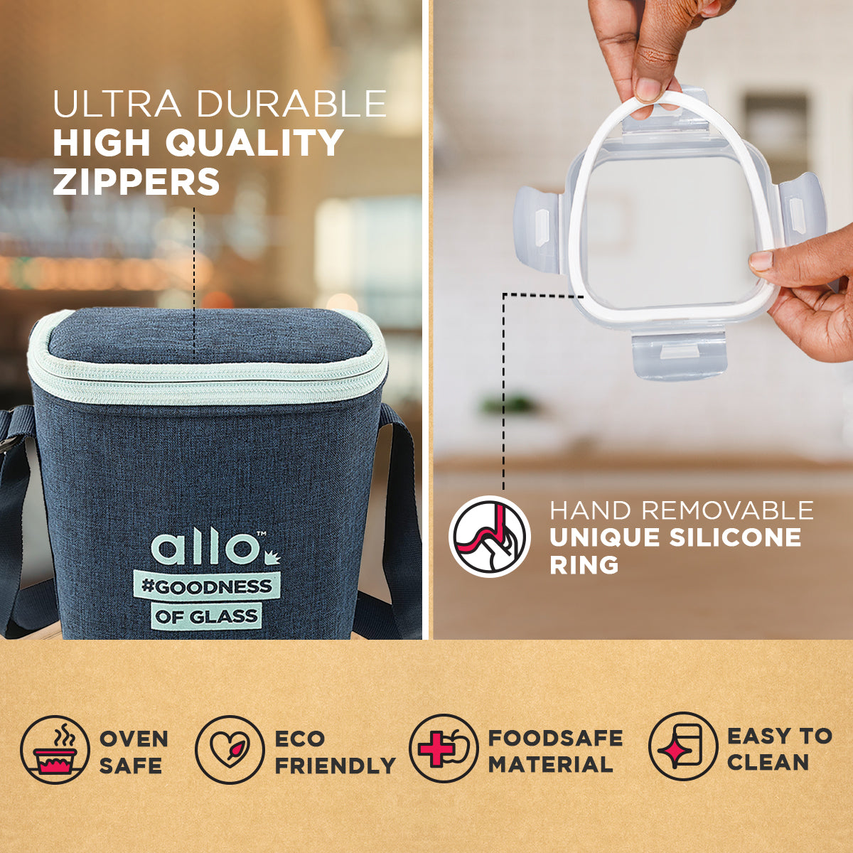 Allo Food Safe Glass Lunch Box, 450°C Microwave Safe Lunch Box, Borosilicate Glass Tiffin for office with Denim Blue Tiffin Bag, Set of 3, 320ml x 3, square