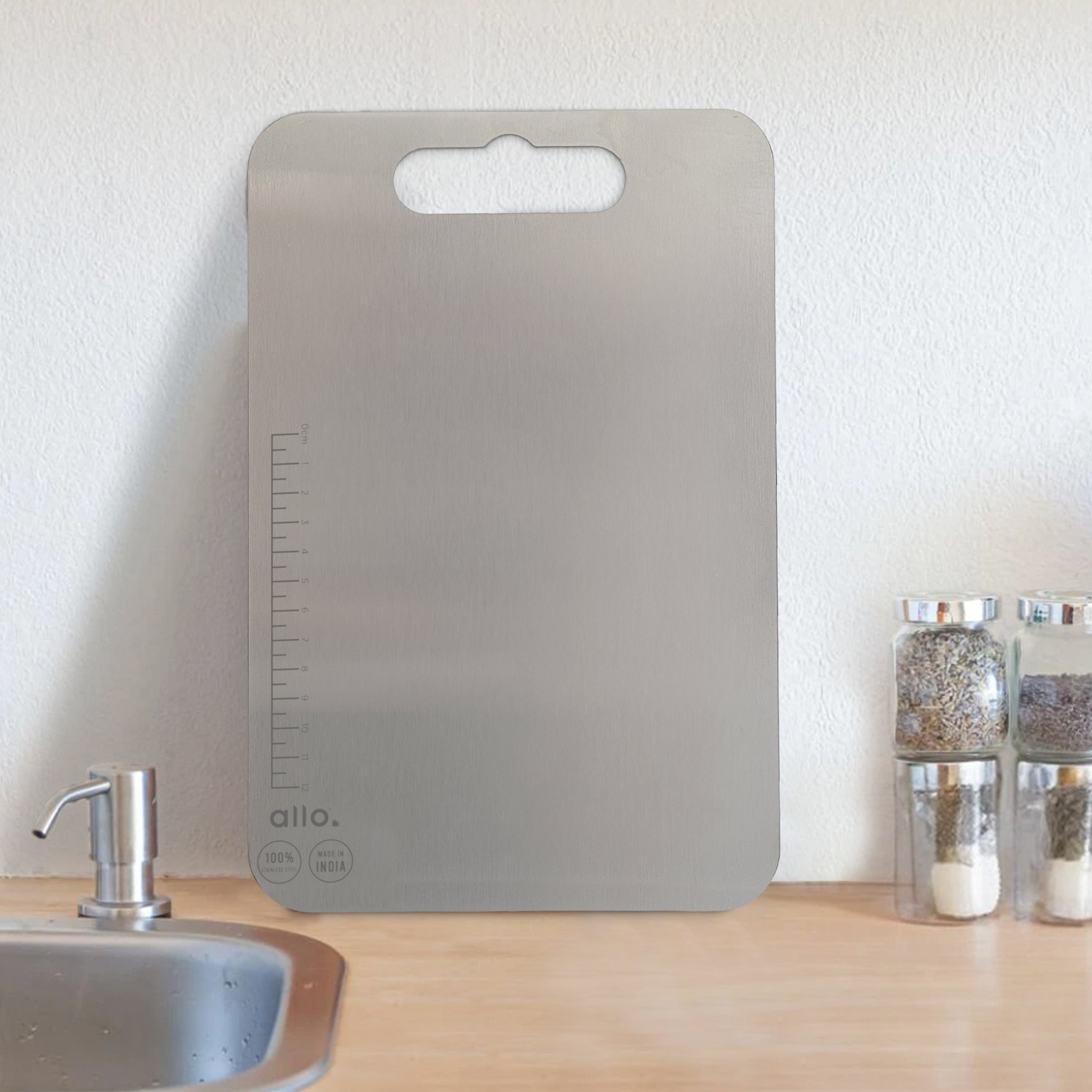 Allo Premium Stainless Steel Chopping Board for Kitchen with Handle (36 x 25 cm) – Large Heavy-Duty Metal Cutting Board for Kitchen, Knife Friendly | Vegetable & Fruit Cutter Pad
