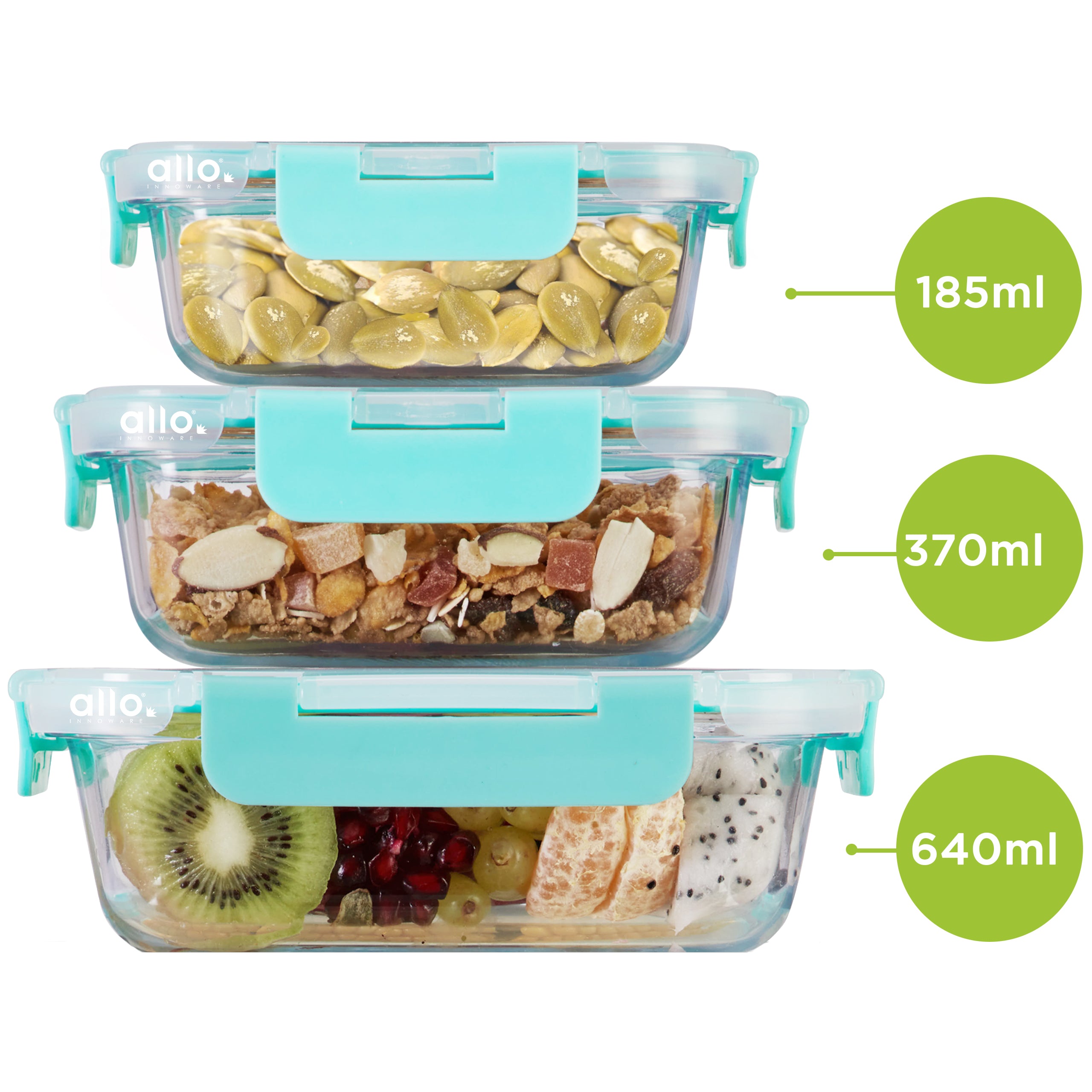 Allo Food Safe Glass Containers With Lids With Break Free Lock,Oven & Microwave Safe Containers,Borosilicate Meal Prep Glass Food Storage Container For Kitchen,Set Of 3 185Ml,370Ml,640Ml - Transparent