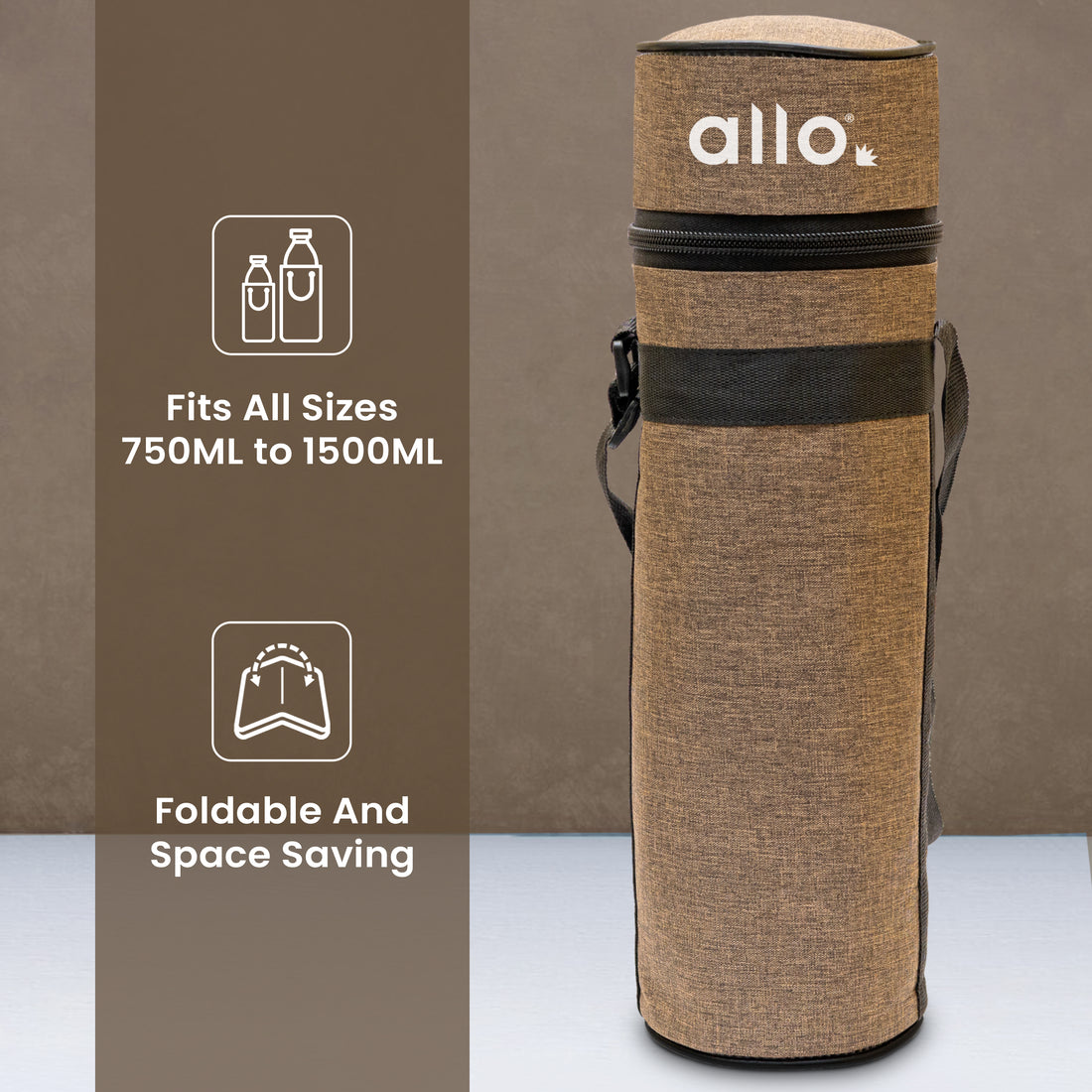 Allo Polyester Thermal Insulated 1L Bottle Cover – Water-Proof Modern Carrier Sleeve with Adjustable Shoulder Handle & Zipper Closure for Travel, Hiking, Office & School, Brown