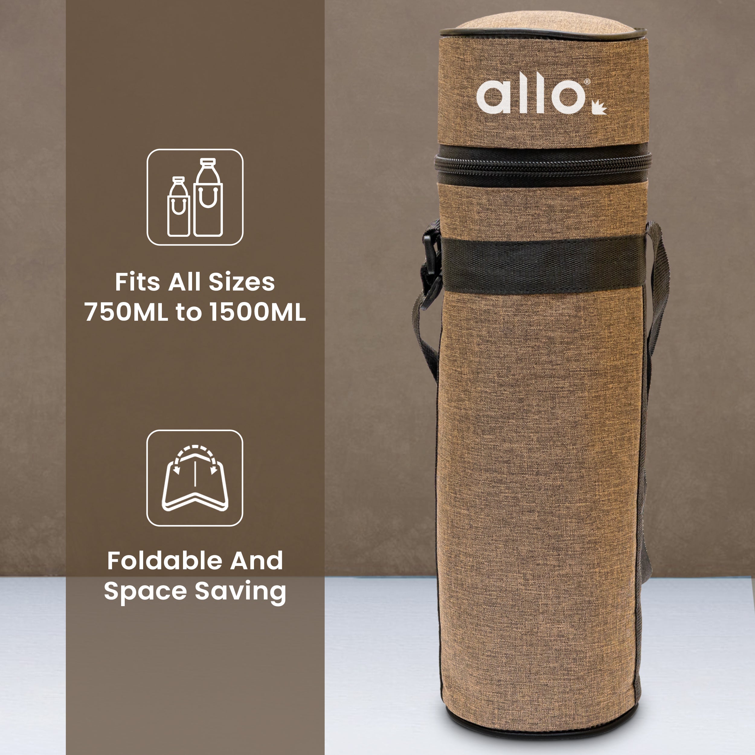 Allo Polyester Thermal Insulated 1L Bottle Cover – Water-Proof Modern Carrier Sleeve with Adjustable Shoulder Handle & Zipper Closure for Travel, Hiking, Office & School, Brown
