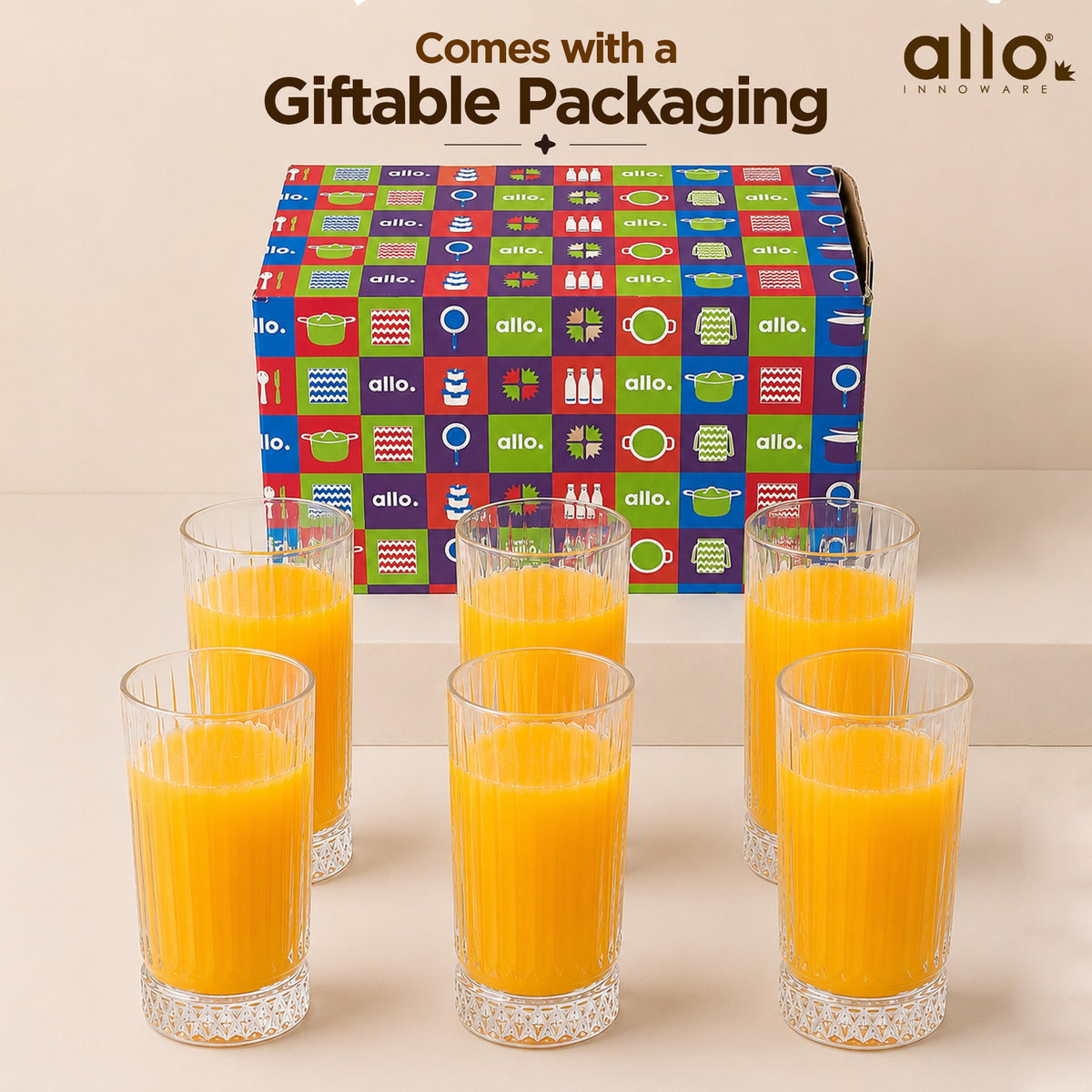 Allo Premium Glass Set Of 6, 300 ml, Latest Design Glasses For Water, Juice, Whisky, Cold Drink | Lead Free | Perfect For Home & Parties, Gift Set Packaging | Transparent Diamond Base Glass