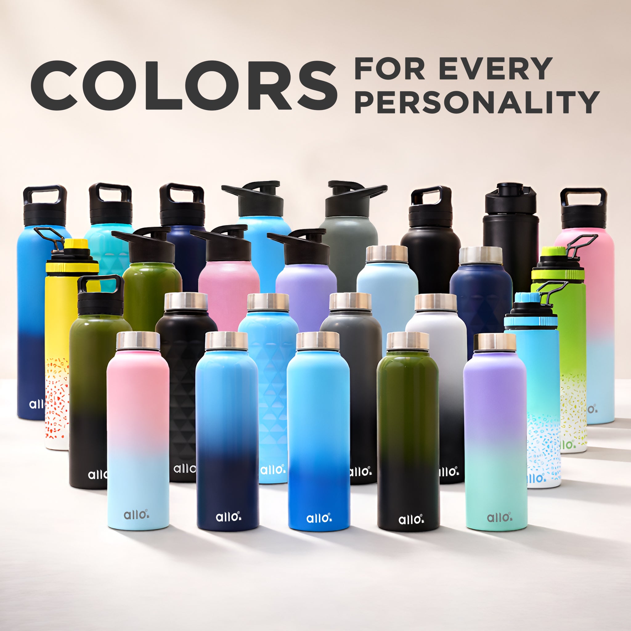Allo Stainless Steel Water Bottle For Adults, Kids 1 Litre Water Bottles For School, Office, Sports, Gym 1L Water Bottle For Men & Women, Pack Of 5, Leak Proof, Bpa Free,Dark Grey and Black Handle Cap