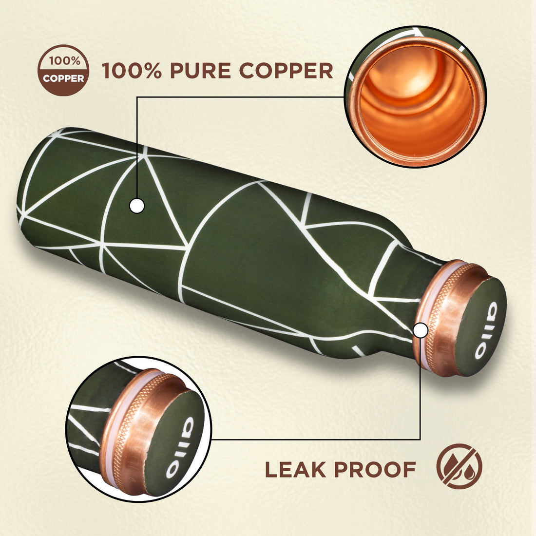 Allo Pure Copper Water Bottle 1 Litre Copper Bottle | Alkaline and Anti Oxidant | 100% Leak Proof, Office, Gym Bottle, Modern Tamba Bottle for Adults, Best Gift for Diwali (Olive Green Abstract Line)