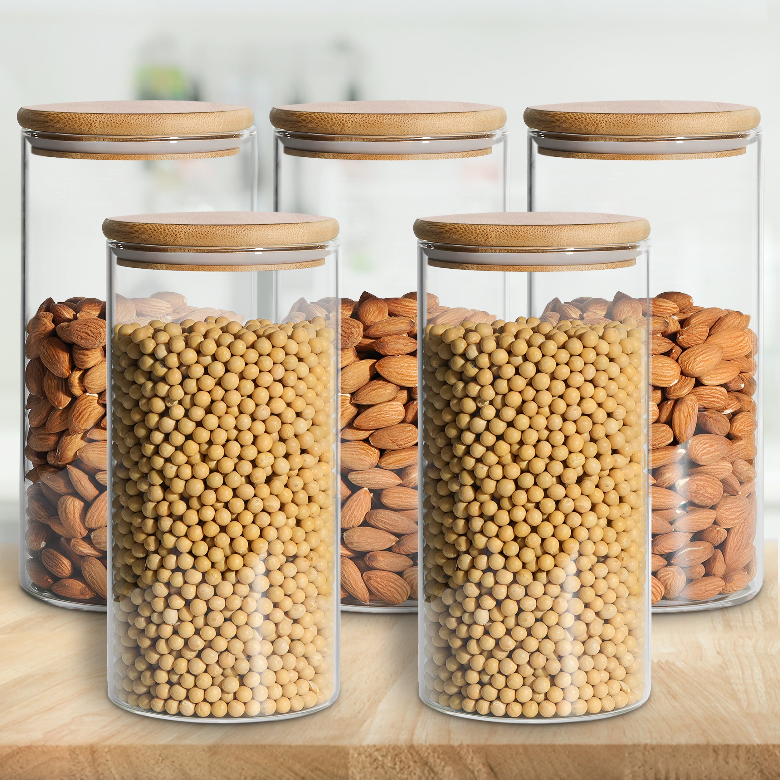 Allo 1000ML Kitchen Storage Box Glass Jars With Wooden Lids - Borosilicate Glass Food Storage Containers Airtight Glass Jar for Tea, Coffee, Spice, Pulses, Masala (Round Glass Jar - Set of 5)