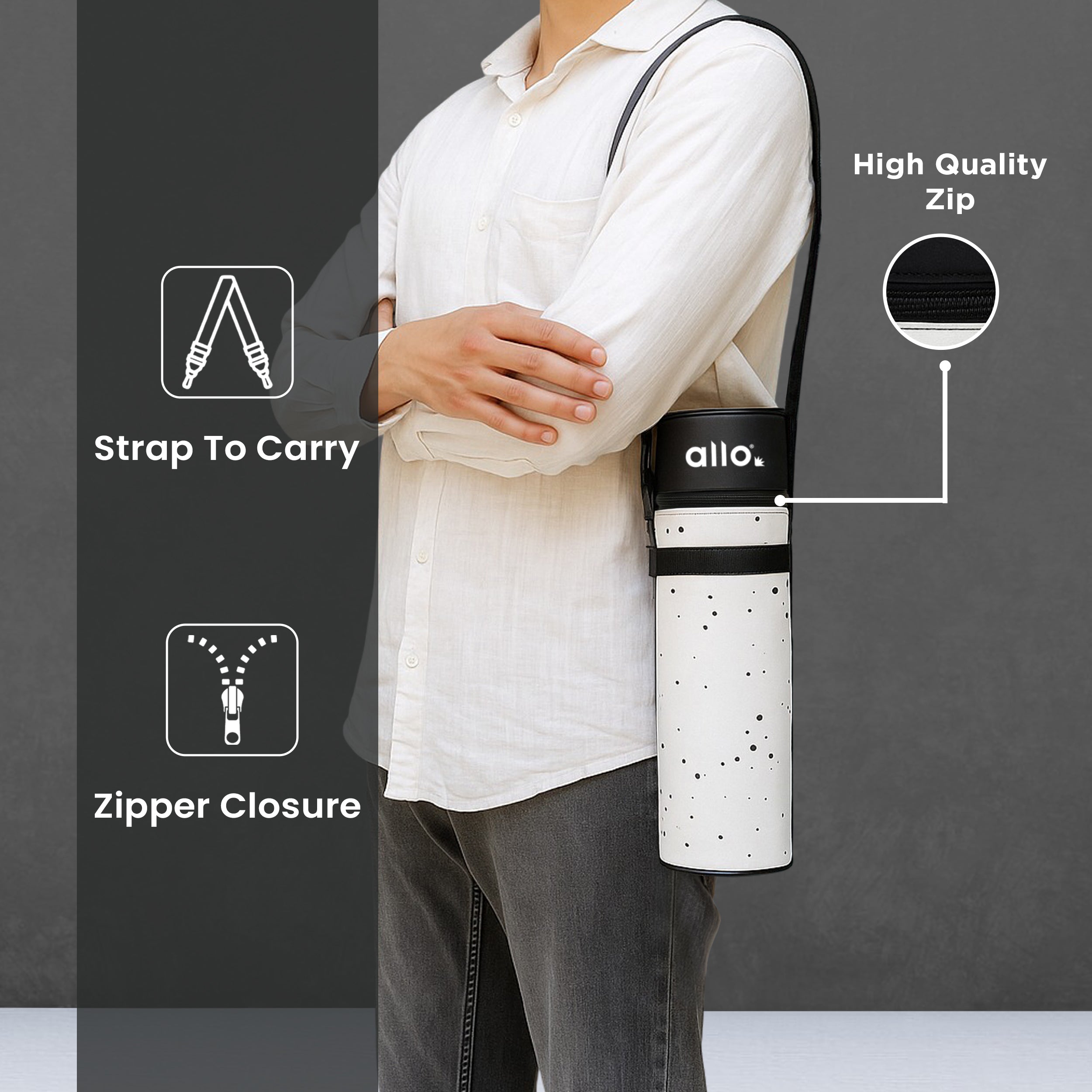 Allo Polyester Thermal Insulated 1L Bottle Cover – Water-Proof Modern Carrier Sleeve with Adjustable Shoulder Handle & Zipper Closure for Travel, Hiking, Office & School, Splash White