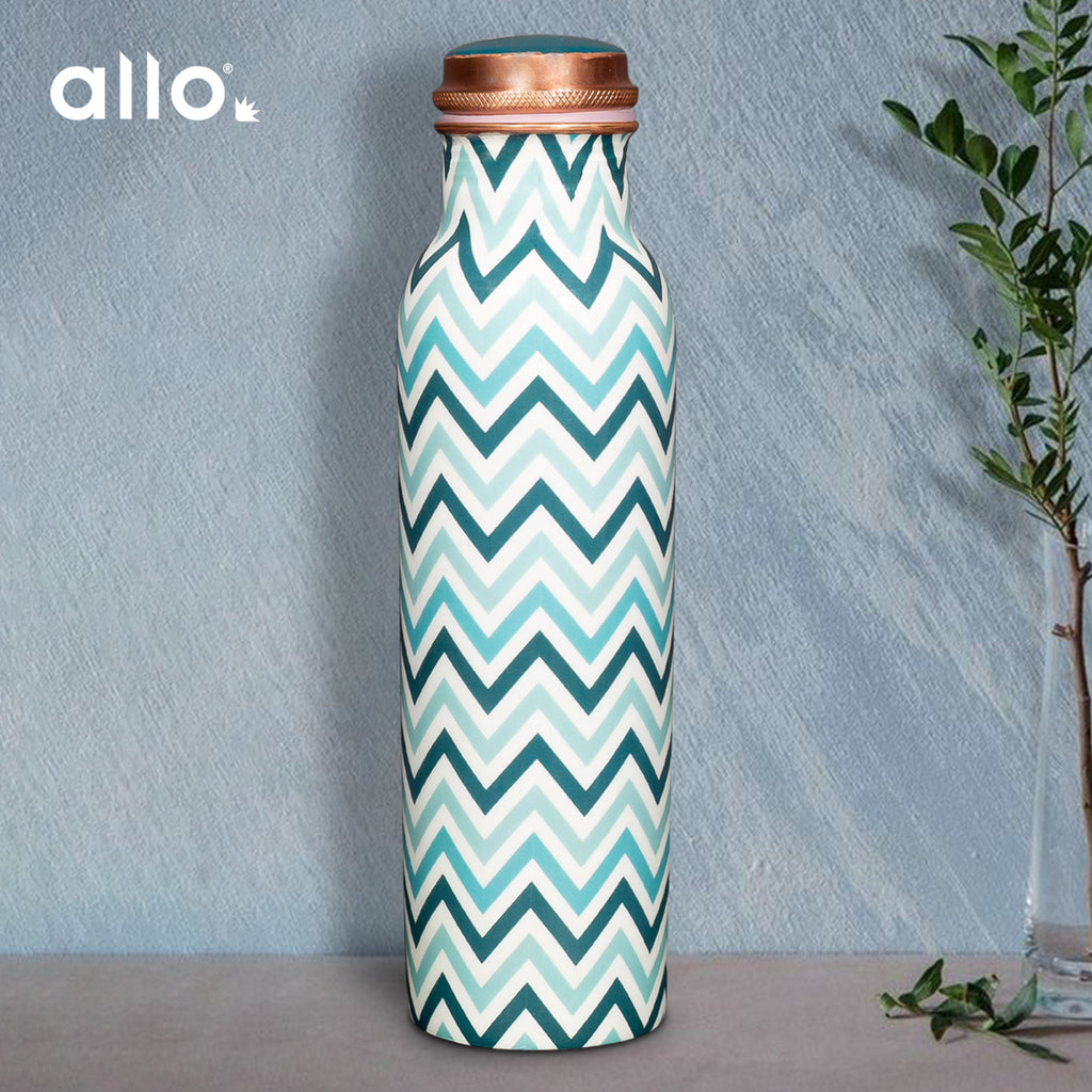 Allo Pure Copper Water Bottle 1 Litre Copper Bottle | Alkaline and Anti Oxidant | 100% Leak Proof, Office, Gym Bottle, Modern Tamba Bottle for Adults, Best Gift for Diwali (Chevron, Teal Blue)