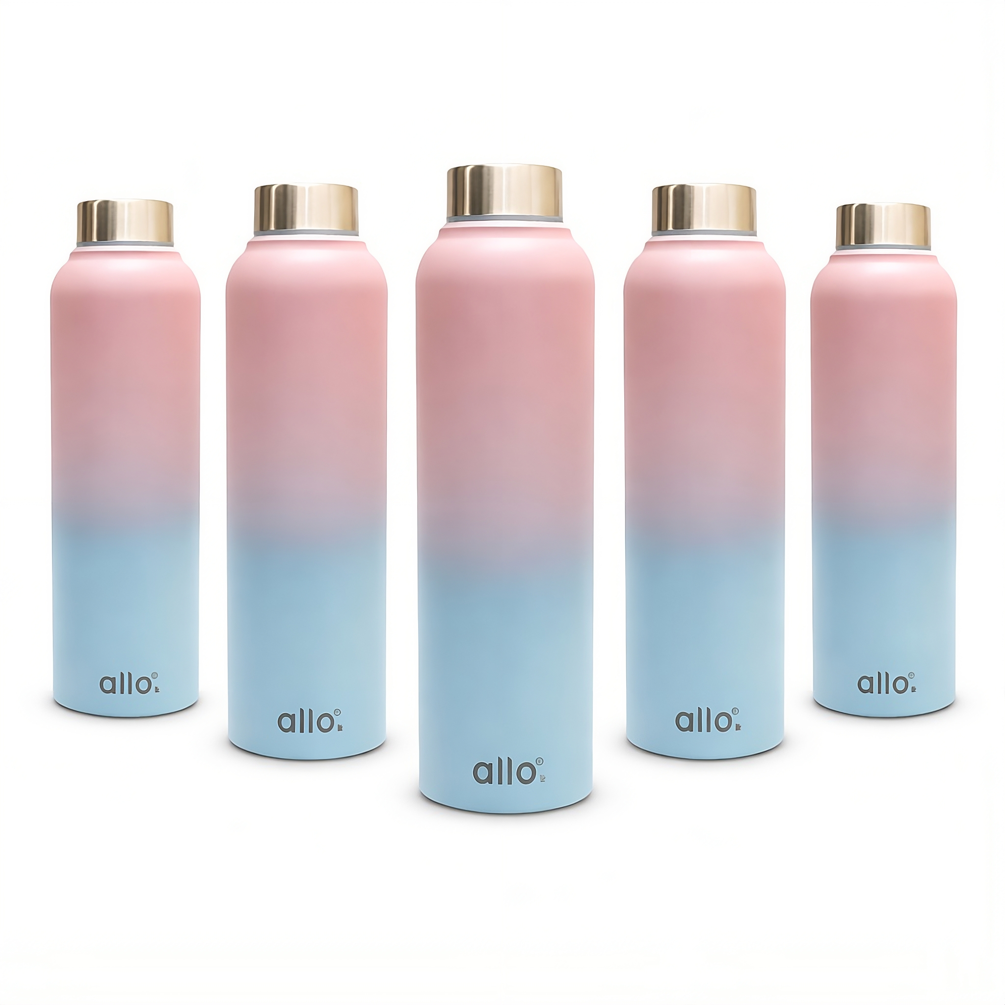 Allo Stainless Steel Water Bottle For Adults, Kids 1 Litre Water Bottles For School, Office, Sports, Gym 1L Water Bottle For Men & Women, Pack Of 5, Leak Proof, Bpa Free, Pink & Baby Blue Handle Cap