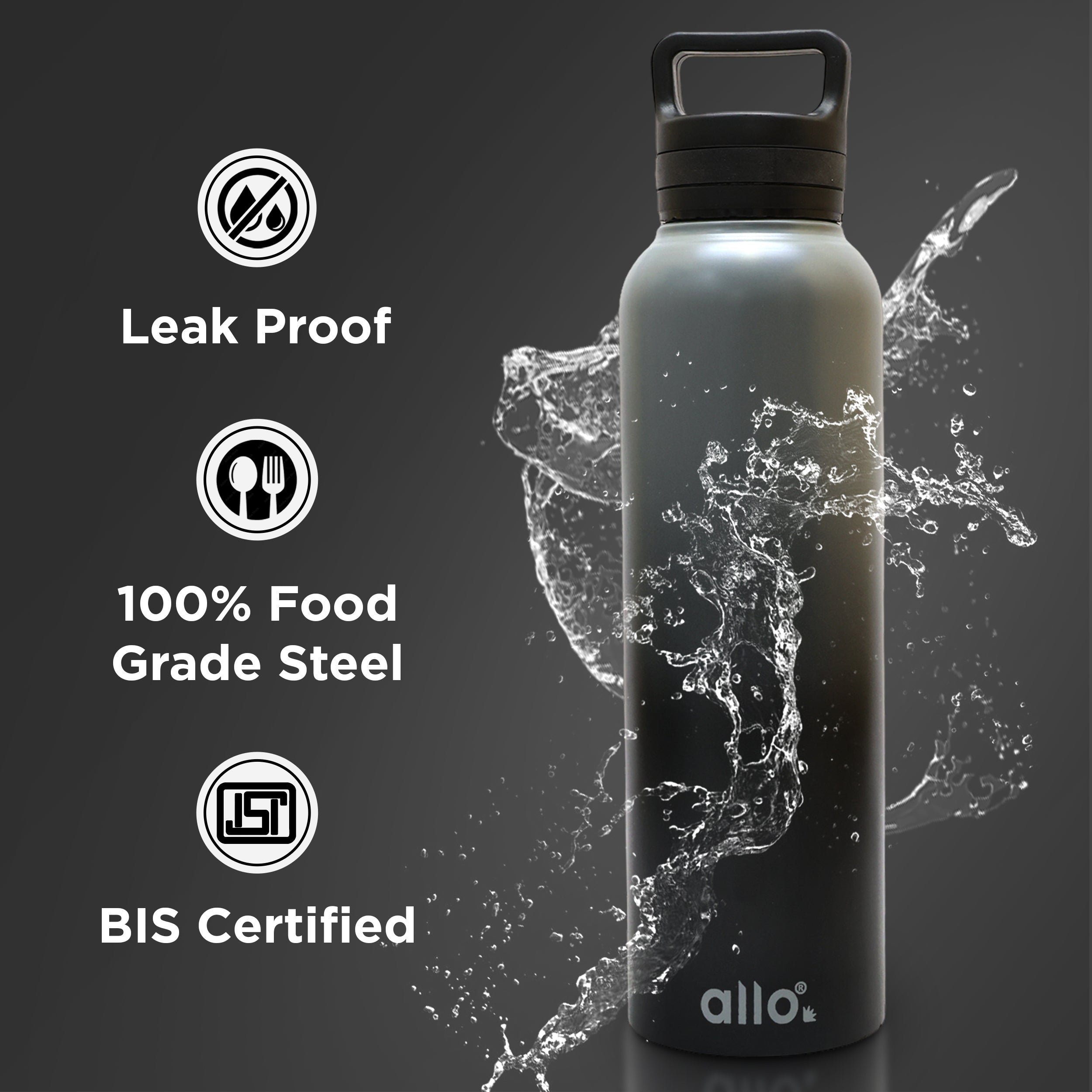 Allo Stainless Steel Water Bottle For Adults, Kids 1 Litre Water Bottles For School, Office, Sports, Gym 1L Water Bottle For Men & Women, Pack Of 5, Leak Proof, Bpa Free,Dark Grey and Black Handle Cap