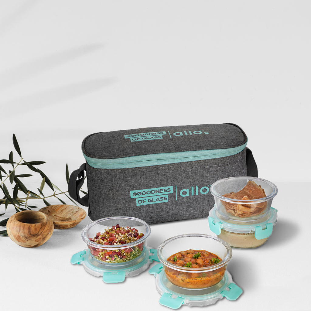 390ml X 4 Allo FoodSafe Microwave Oven Safe Glass Lunch box with Break Free Detachable Lock with Canvas Grey Bag Tiffin