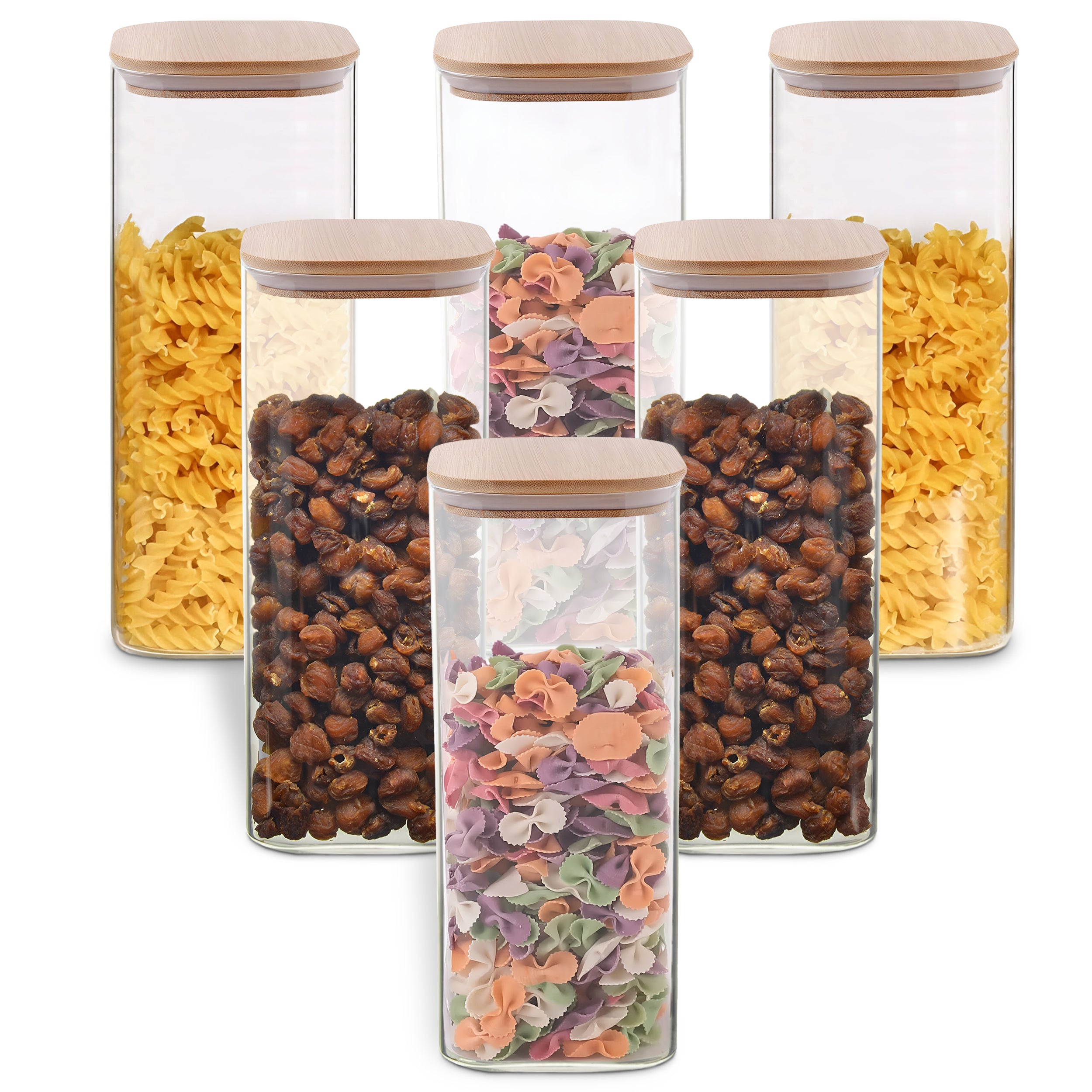 Allo 1000ML Kitchen Storage Box Glass Jars With Wooden Lids - Borosilicate Glass Food Storage Containers Airtight Glass Jar For Tea, Coffee, Spice, Pulses, Masala (Square Glass Jar - Set of 6)