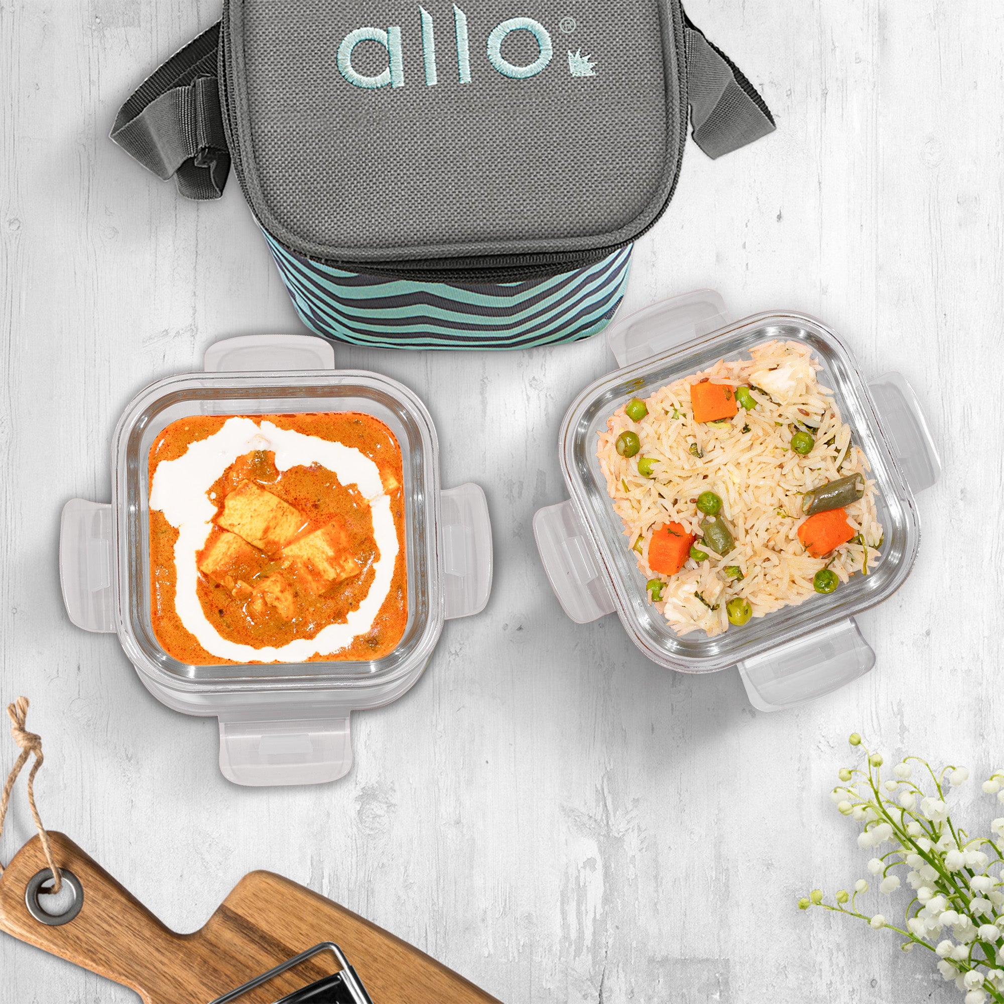 Allo Food Safe Glass Lunch Box, 450°C Microwave Safe Lunch Box, Borosilicate Glass Tiffin for office with Chevron Mint Tiffin Bag, Set of 2, 320ml x 2, square