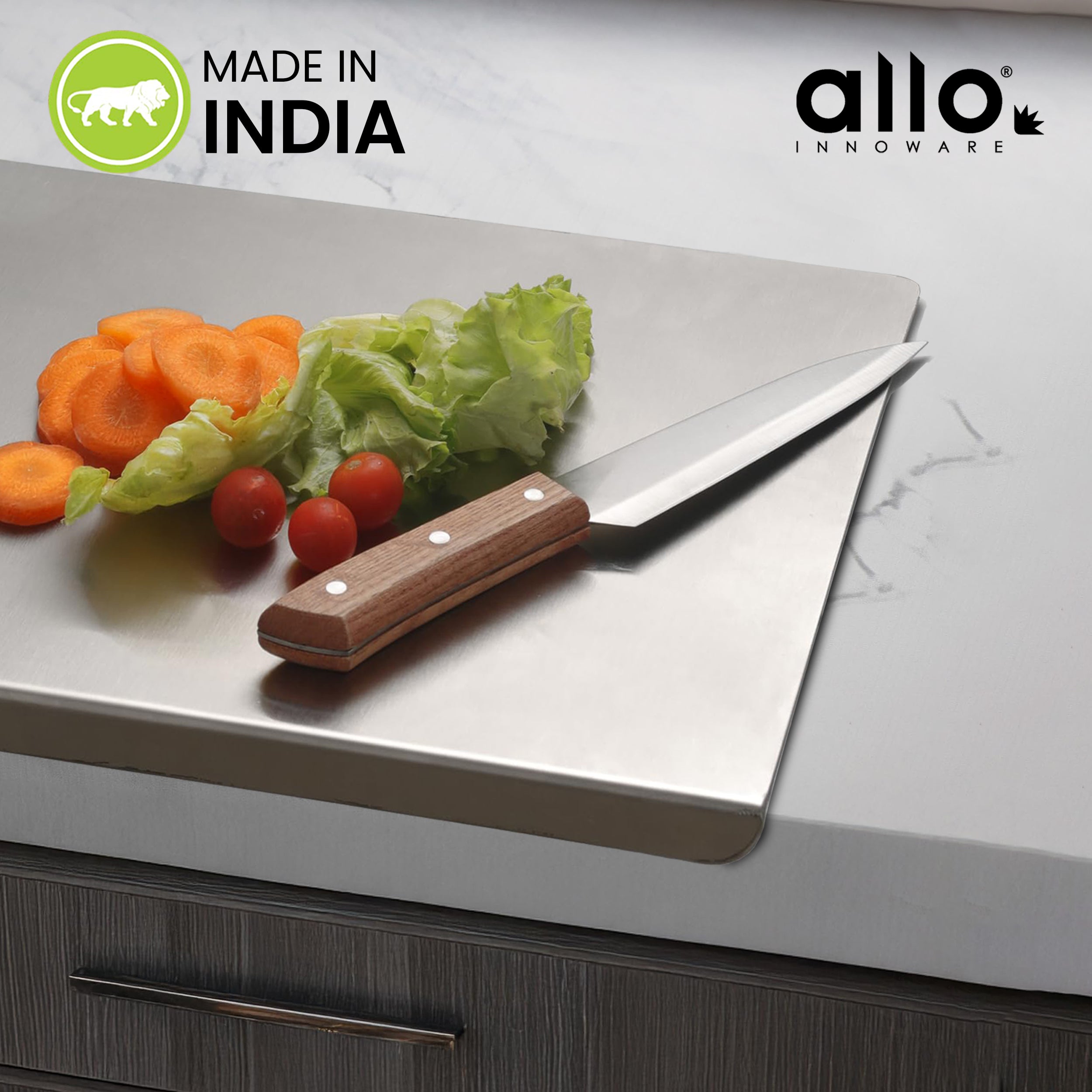 Allo Premium Stainless Steel Chopping Board Countertop (40 x 32 cm) – Large Heavy-Duty Metal Cutting Board for Kitchen, Knife Friendly | Vegetable & Fruit Cutter Pad