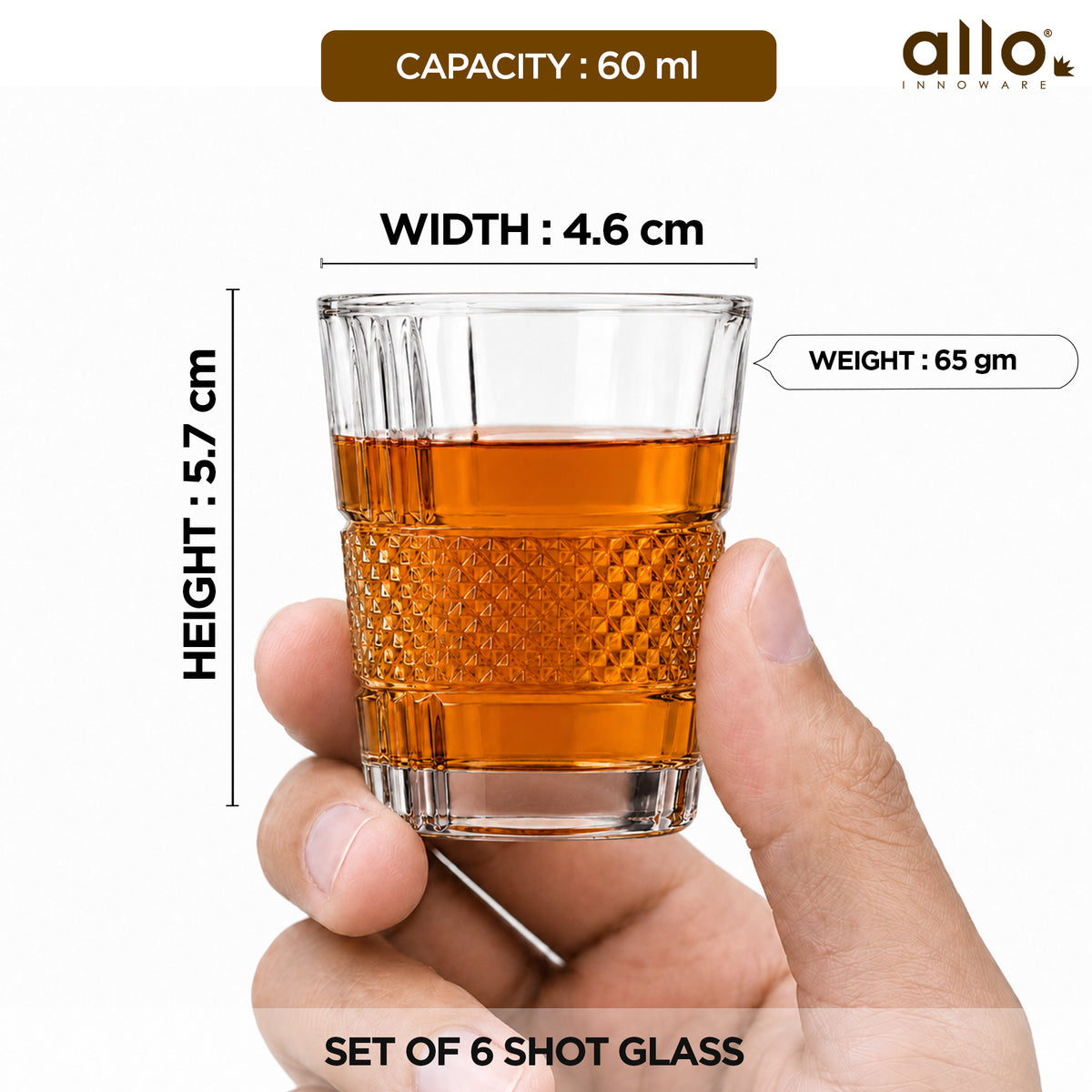 Allo Shot Glasses Set Of 6, 60 ml, Small Glass For Vodka, Tequila, Liquor, Wine, Party, Bar | Gift Set Packaging | Transparent | Diamond Mesh Shot Glass