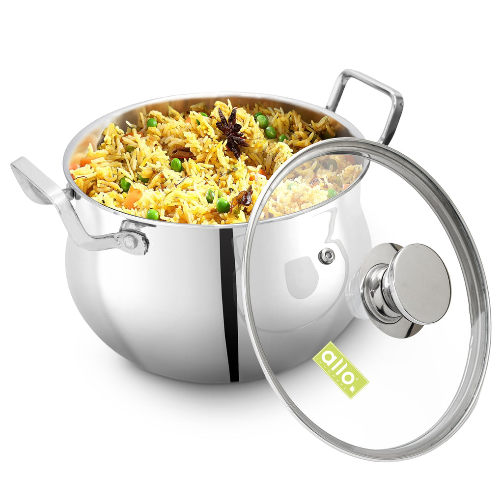 Allo Triply Stainless Steel Casserole/Biryani Handi Pot | Perfect Saucepot Saute Induction Friendly Naturally Non-Stick | 10 Years Warranty, 16cm, 2.6 litres with Glass Lid