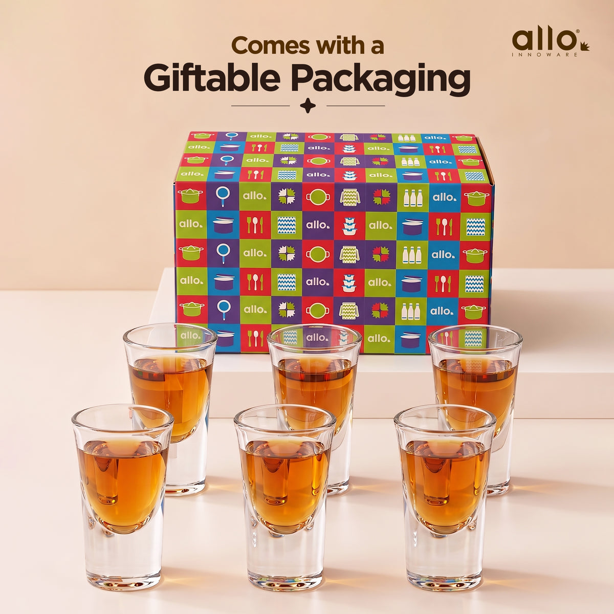 Allo Shot Glasses Set Of 6, 30 ml, Small Glass For Vodka, Tequila, Liquor, Wine, Party, Bar | Gift Set Packaging | Transparent | Elevated Base Shot Glass