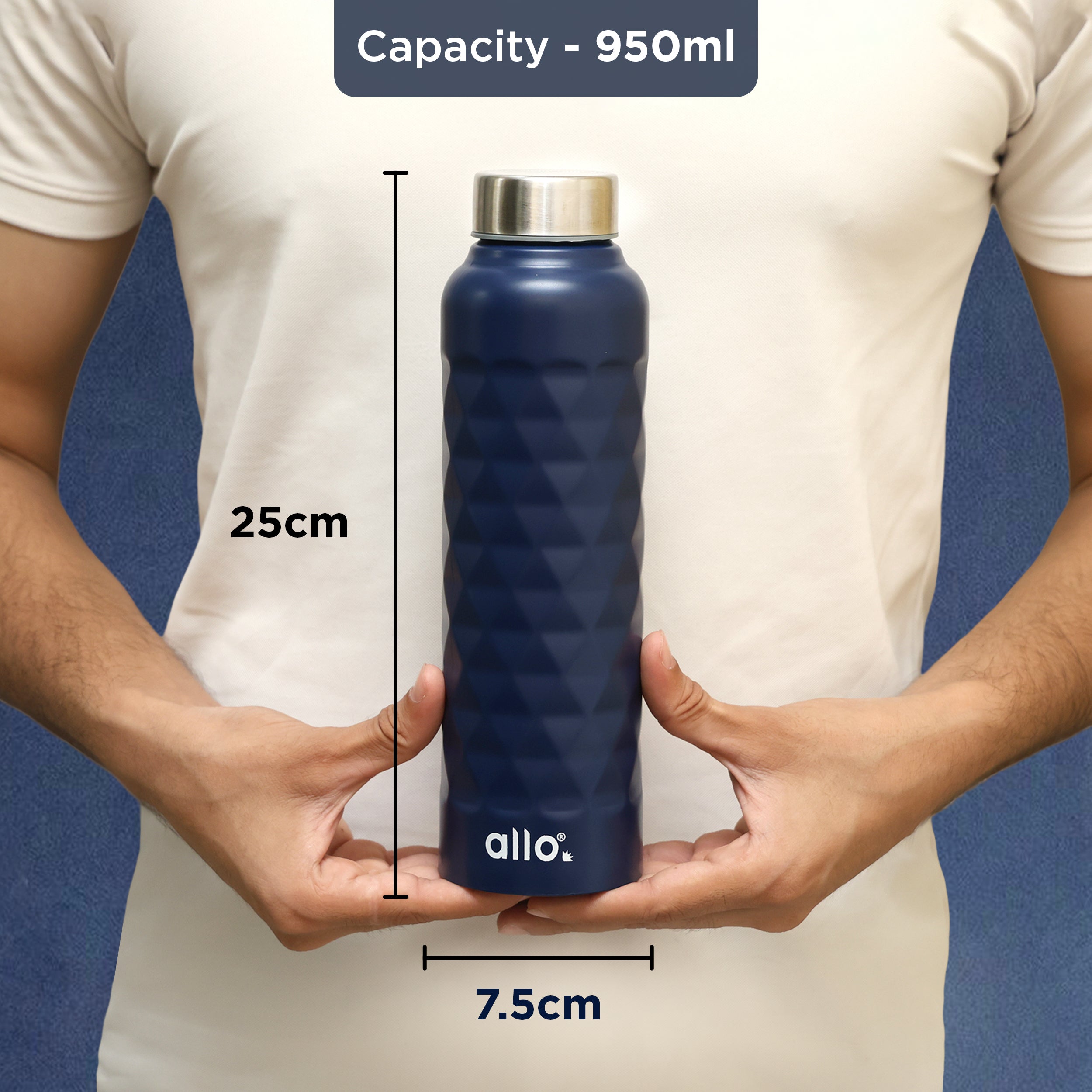 Allo Steel Water Bottles Stainless Steel Sipper Water Bottle for adults, kids 0.95 Litre Water Bottles for School, Office, Sports, Gym 950ML Water Bottle for Men and women, Royal Blue 950ml