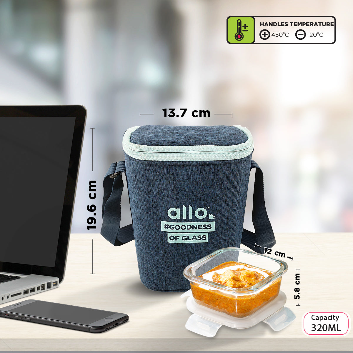 Allo Food Safe Glass Lunch Box, 450°C Microwave Safe Lunch Box, Borosilicate Glass Tiffin for office with Denim Blue Tiffin Bag, Set of 3, 320ml x 3, square