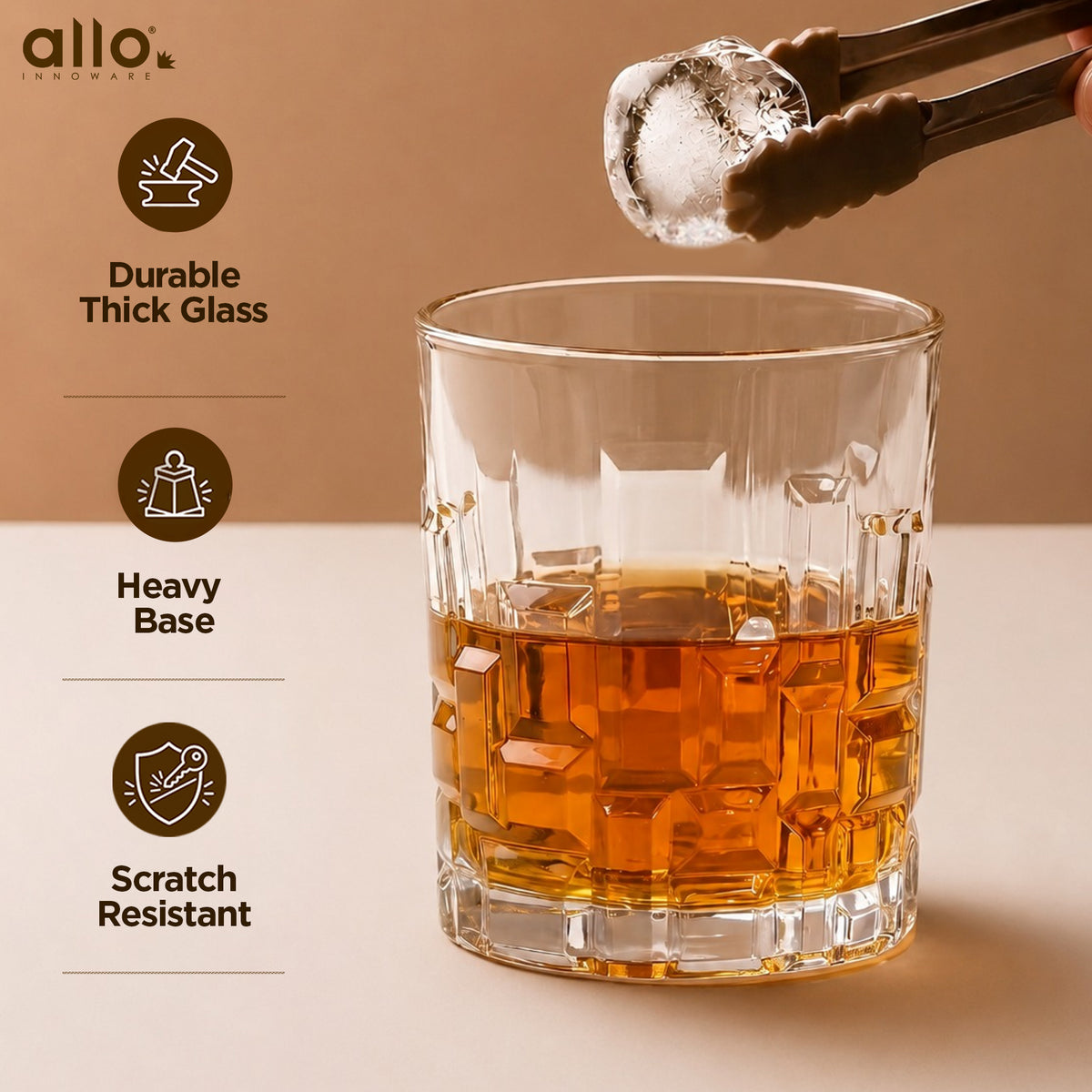 Allo Glass Set Of 6 Premium Whisky Glasses, 205 ml, For Drinking Water, Wine, Cocktail, Mocktail, Martini, Liquor, Alcohol, Scotch, Bourbon | Gift Set Packaging | Transparent Block Cut Whiskey Glass