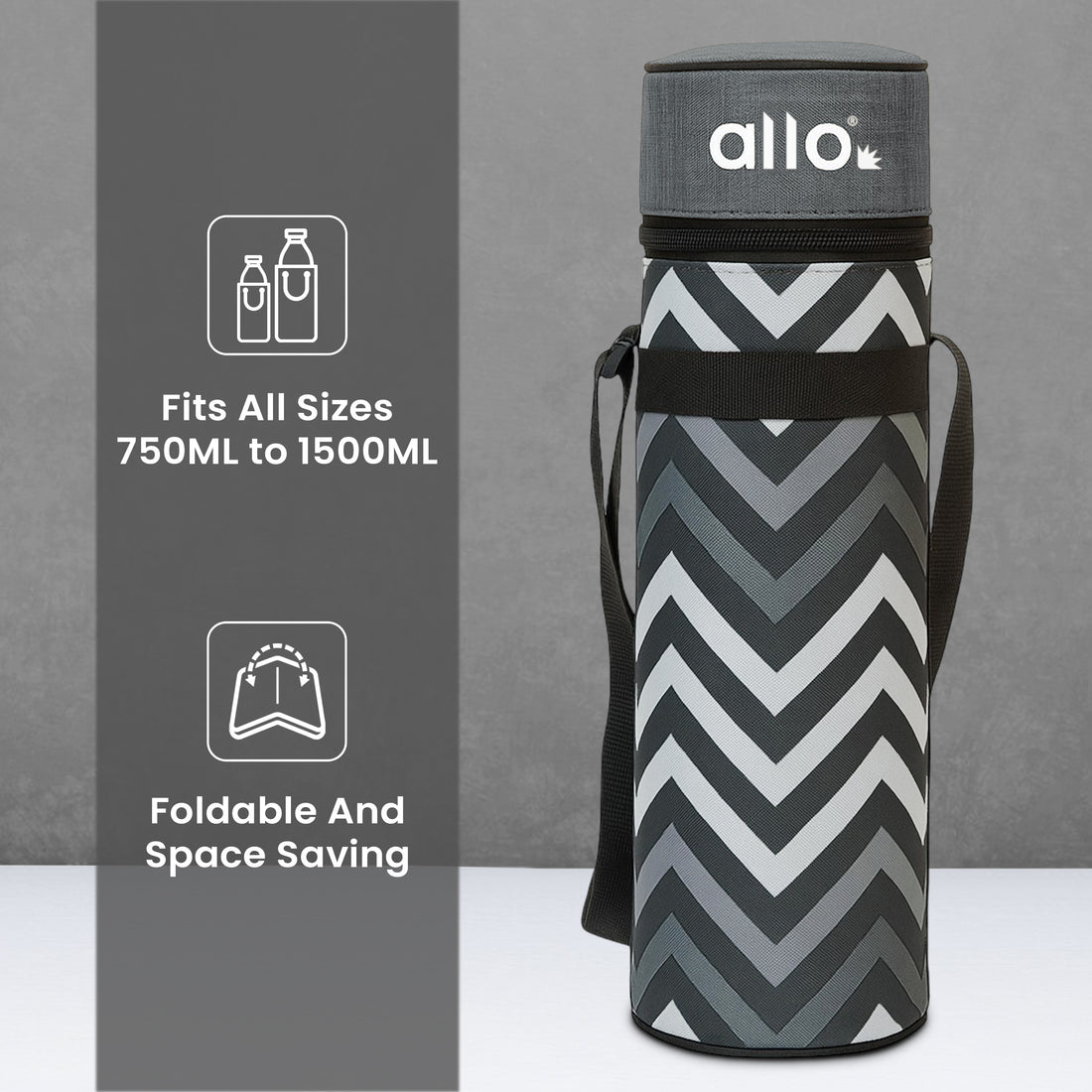 Allo Polyester Thermal Insulated 1L Bottle Cover – Water-Proof Modern Carrier Sleeve with Adjustable Shoulder Handle & Zipper Closure for Travel, Hiking, Office & School, Grey Chevron