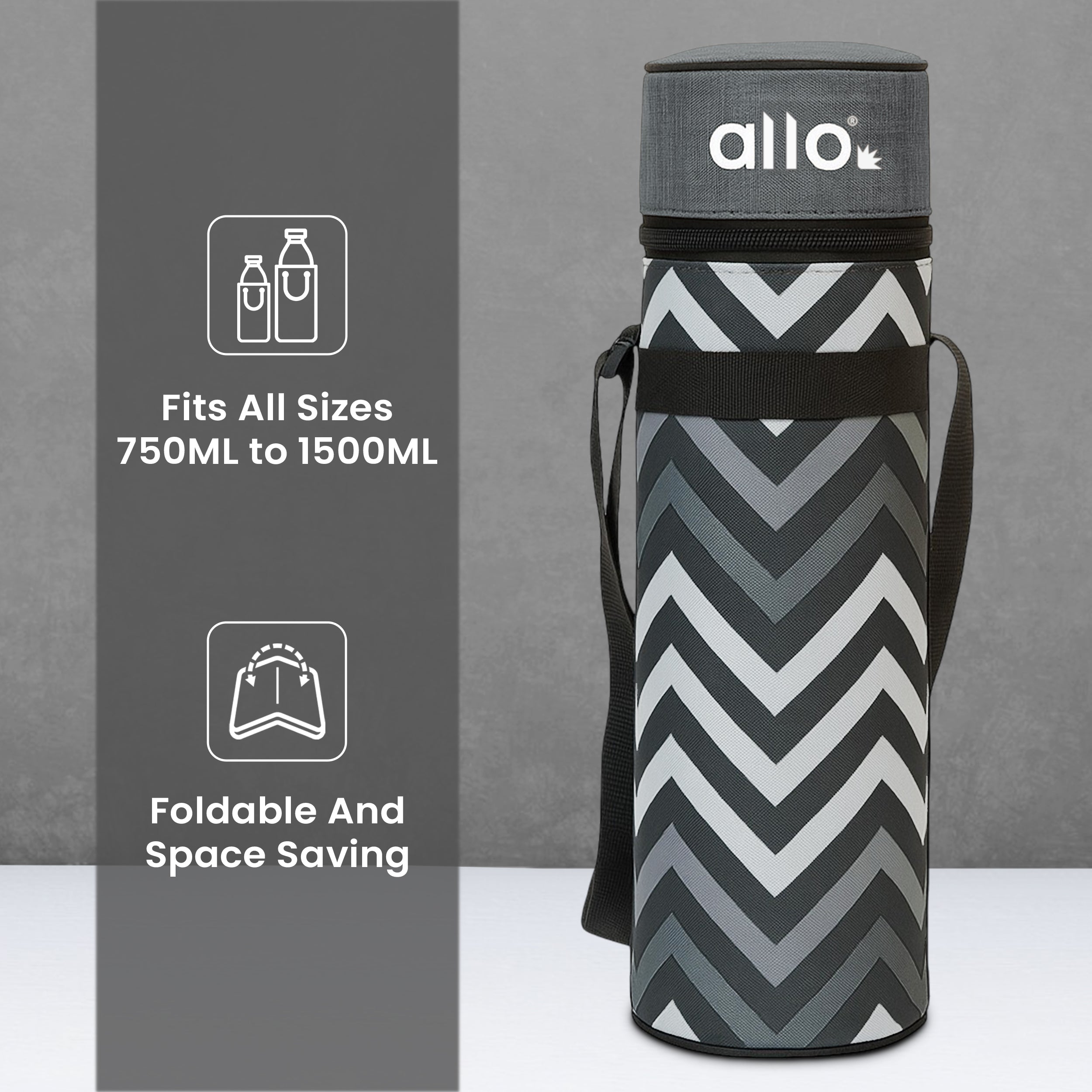 Allo Polyester Thermal Insulated 1L Bottle Cover – Water-Proof Modern Carrier Sleeve with Adjustable Shoulder Handle & Zipper Closure for Travel, Hiking, Office & School, Grey Chevron
