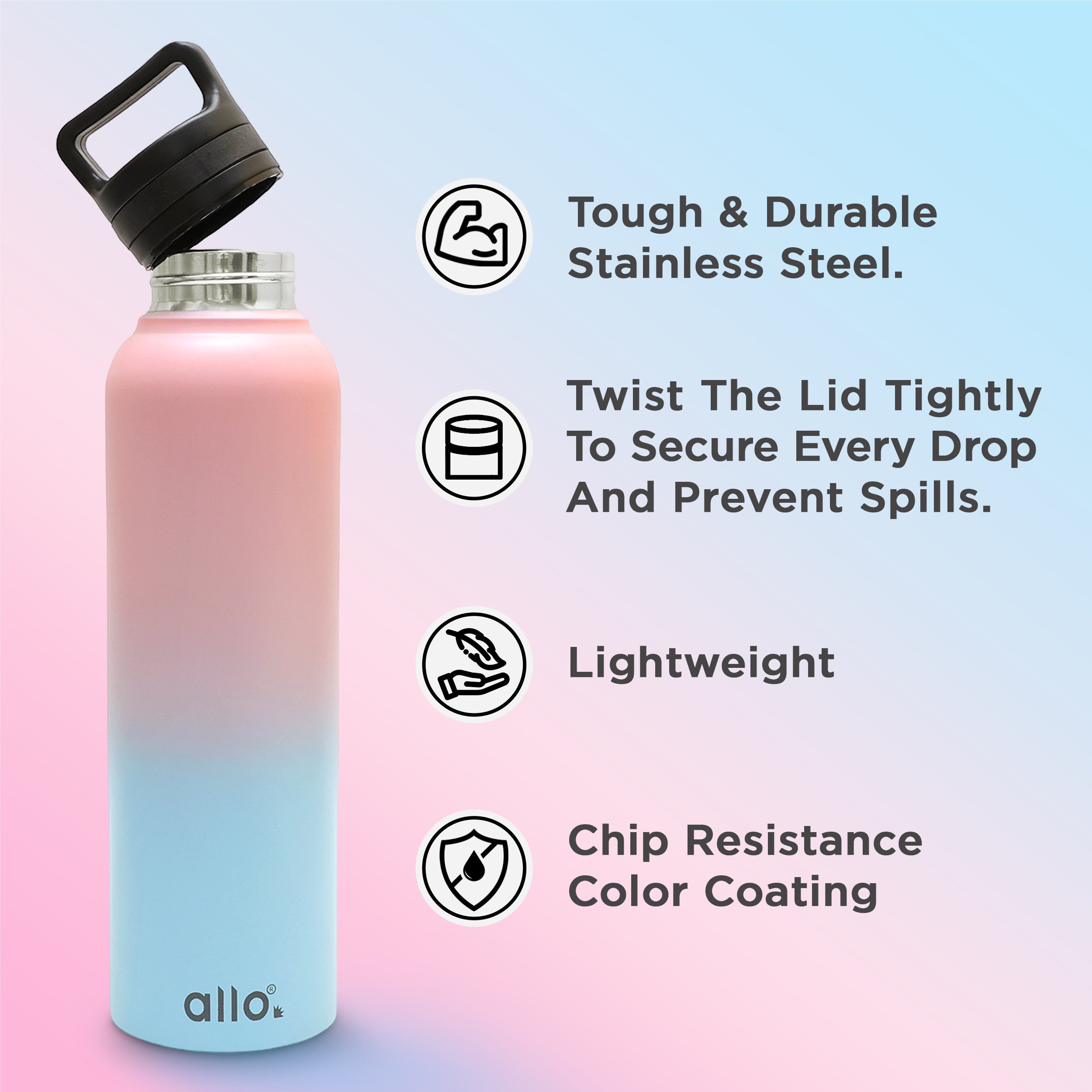 Allo Steel Water Bottles Stainless Steel Sipper Water Bottle for adults, kids 0.95 Litre Water Bottles for School, Office, Sports, Gym 950ML Water Bottle for Men and women, Pink & Baby Blue 950ml