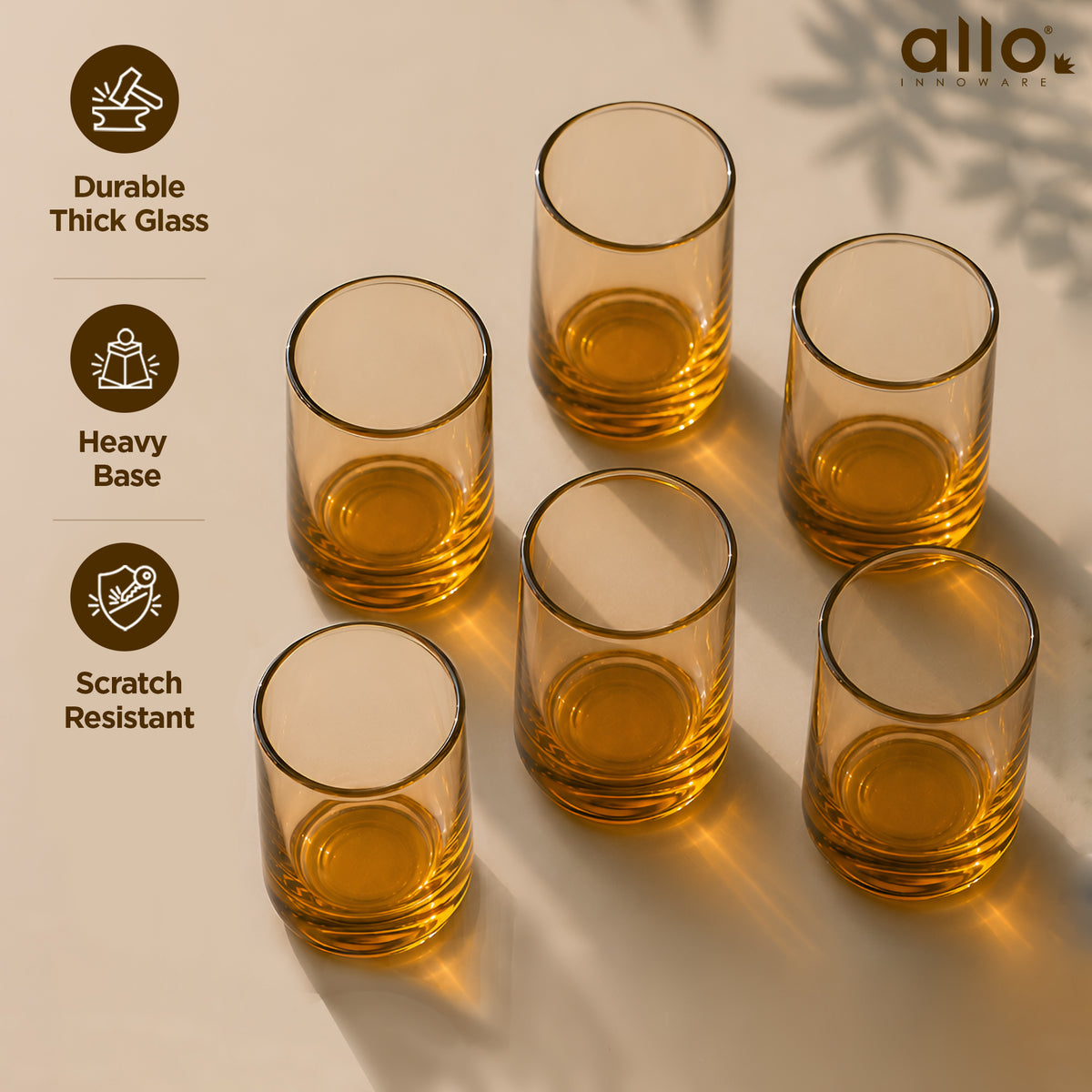 Allo Premium Glass Set Of 6, 260 ml, Latest Design Glasses For Water, Juice, Whisky, Cold Drink | Lead Free | Perfect For Home & Parties, Gift Set Packaging | Thick Base Amber Glass