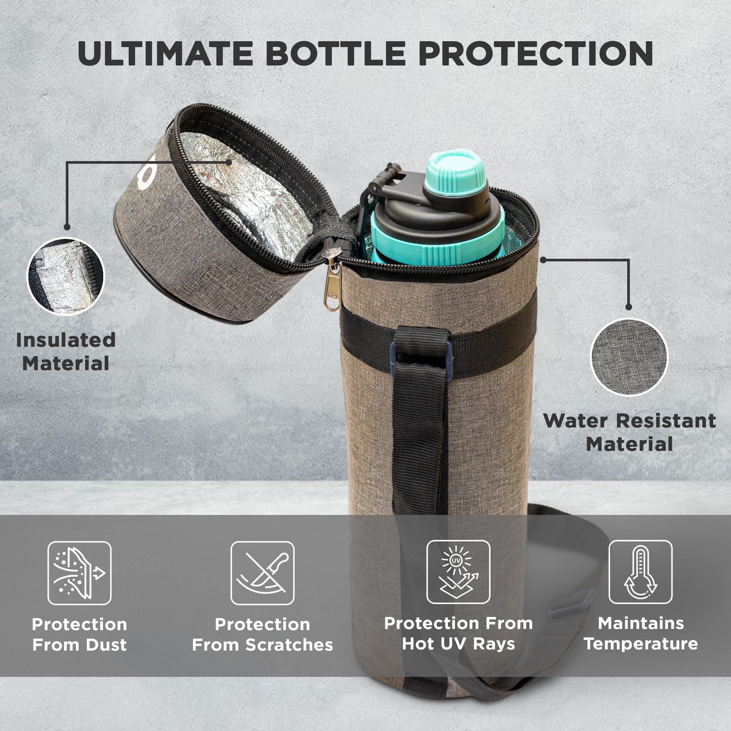 Allo Polyester Thermal Insulated 1L Bottle Cover – Water-Proof Modern Carrier Sleeve with Adjustable Shoulder Handle & Zipper Closure for Travel, Hiking, Office & School, CANVAS GREY