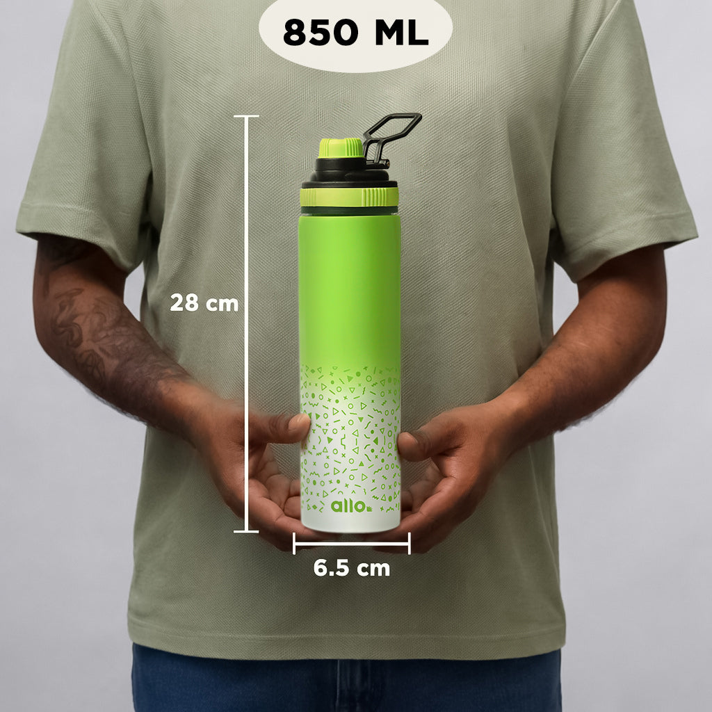 Allo Steel Water Bottles Stainless Steel Sipper Water Bottle for adults, kids 1 Litre Water Bottles for School, Office, Sports, Gym 1L Water Bottle for Men and women, Pack Of 2 | Green White 850ml