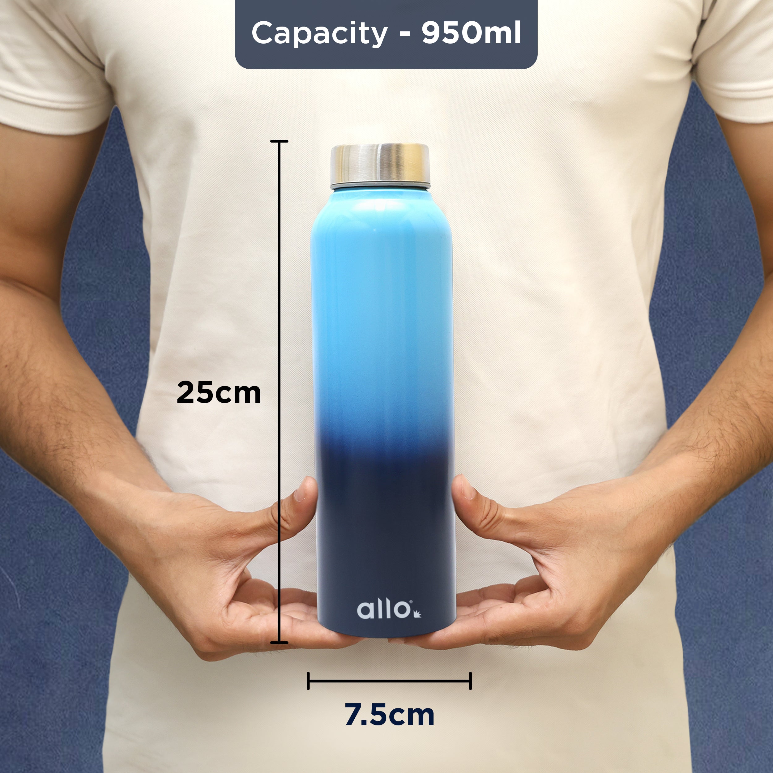 Allo Steel Water Bottles Stainless Steel Sipper Water Bottle for adults, kids 0.95 Litre Water Bottles for School, Office, Sports, Gym 950ML Water Bottle for Men and women, Light & Dark Blue 950ml