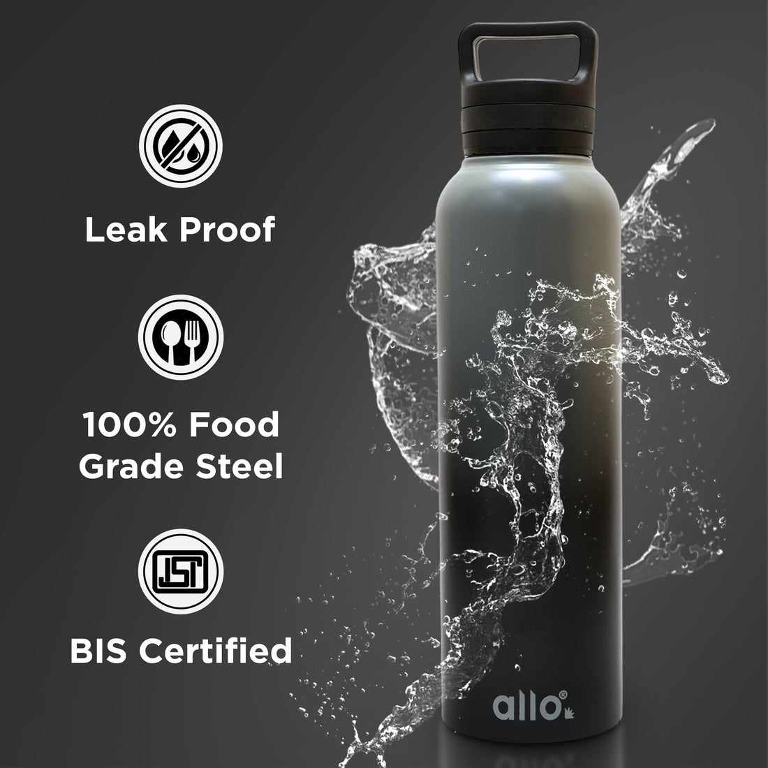 Allo Steel Water Bottles Stainless Steel Sipper Water Bottle for adults, kids 0.95 Litre Water Bottles for School, Office, Sports, Gym 950ML Water Bottle for Men and women, Dark Grey & Black 950ml