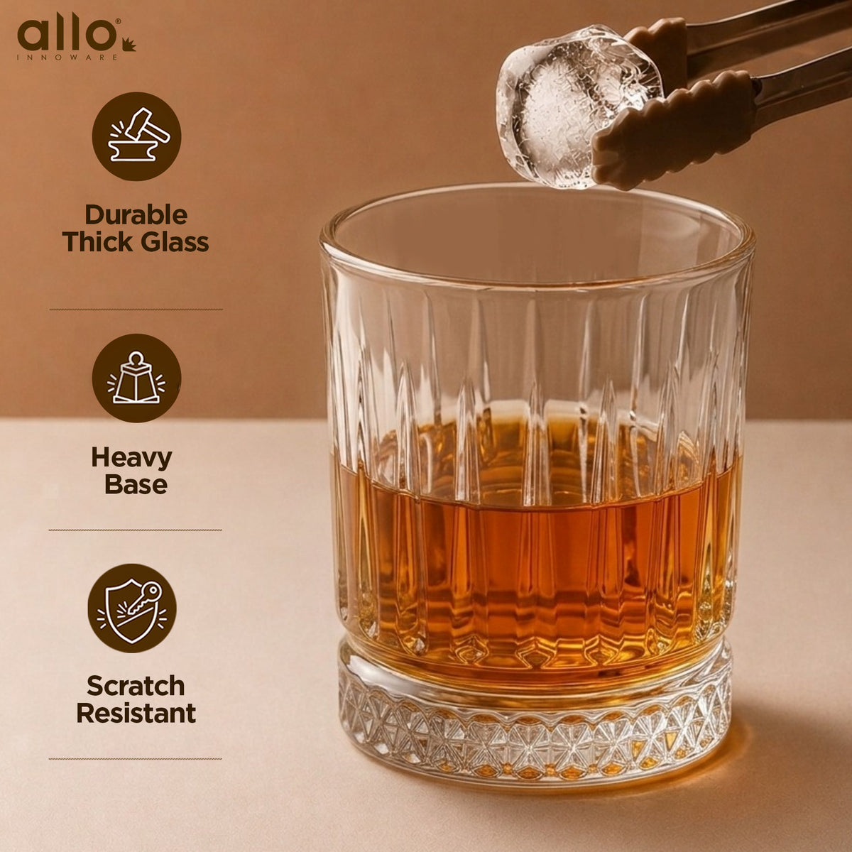 Allo Glass Set Of 6 Premium Whisky Glasses, 300 ml, For Drinking Water, Wine, Cocktail, Mocktail, Martini, Liquor, Alcohol, Scotch, Bourbon | Gift Set Packaging | Transparent Diamond Lattice Cut Glass