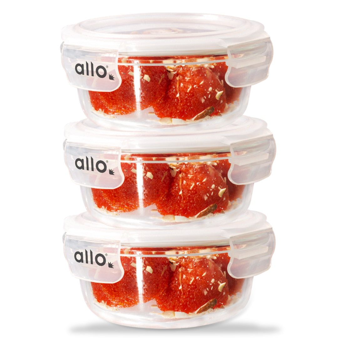 Allo Food Safe Glass Containers with Lids, 450°C Oven Microwave Safe Containers, High Borosilicate Meal Prep Glass Food Storage Containers for Kitchen, 400ml x 3, Round