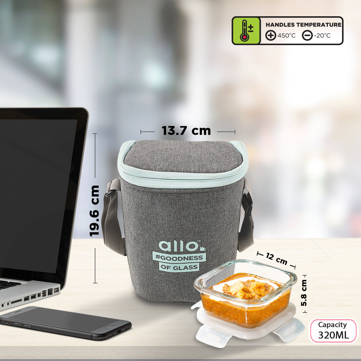Allo Food Safe Glass Lunch Box, 450°C Microwave Safe Lunch Box, Borosilicate Glass Tiffin for office with Denim grey Tiffin Bag, Set of 3, 320ml x 3, square