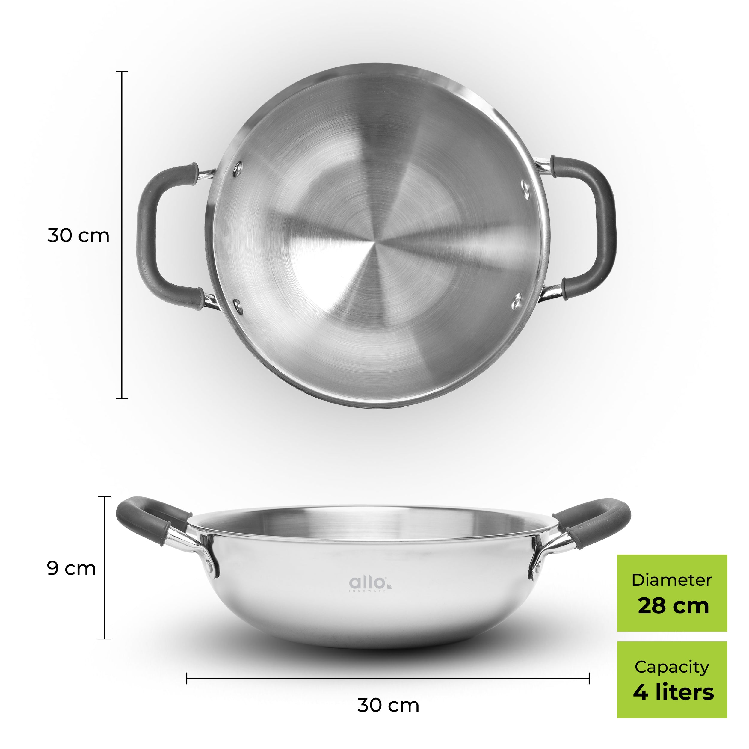 Allo Triply Stainless Steel Kadhai with Handles|Perfect Kadhai for Curry/Stir-Fry/Deep-Fry/DryVeg/Sauté Induction Friendly Naturally Non-Stick  | 10 Years Warranty, 28cm, 4 litres Without lid