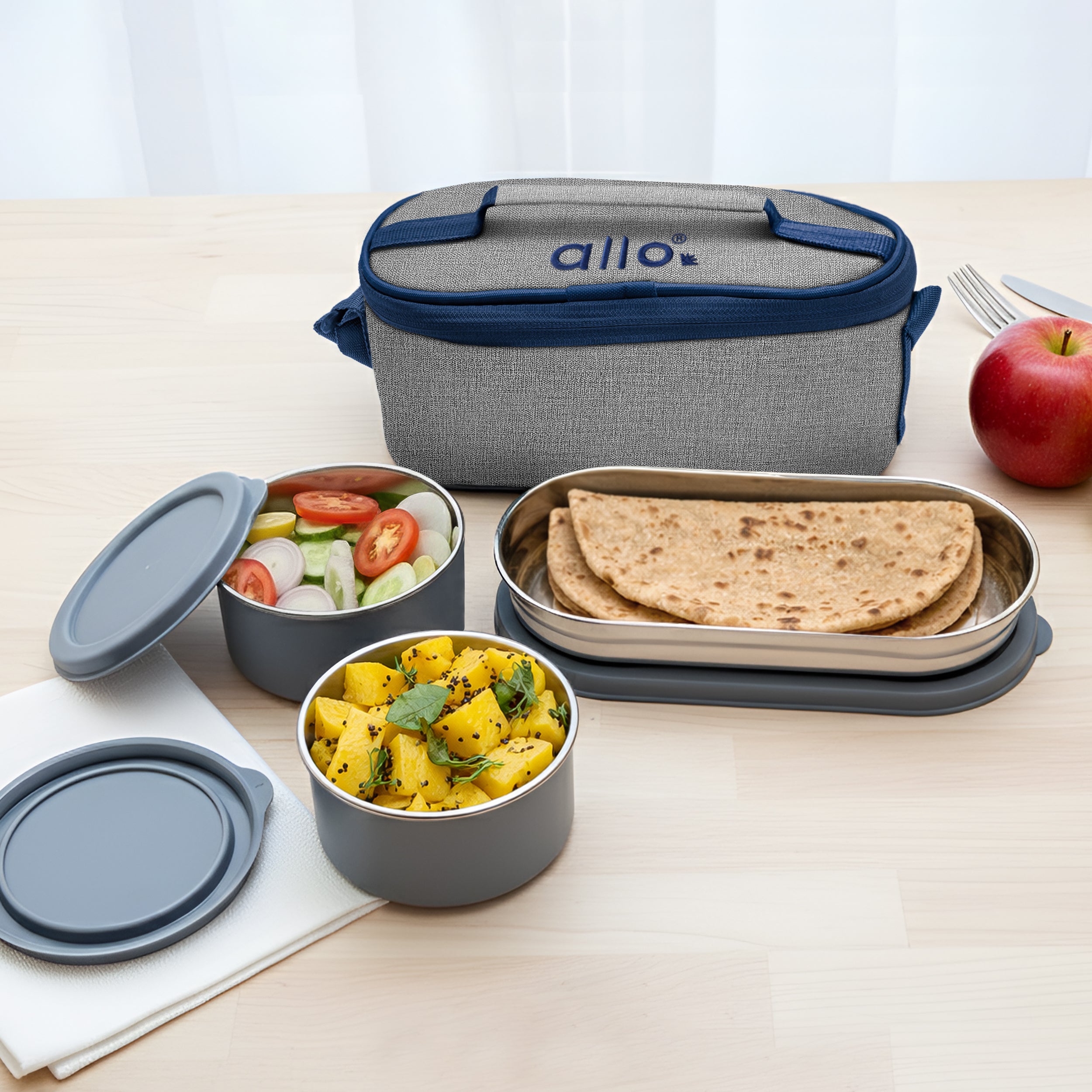 Allo Microwave Safe Steel Lunch Box for Office with Bag for Men and Women, Air Tight & Leak Proof Stainless Steel Tiffin for Office, School, College, Set of 3 with Bag