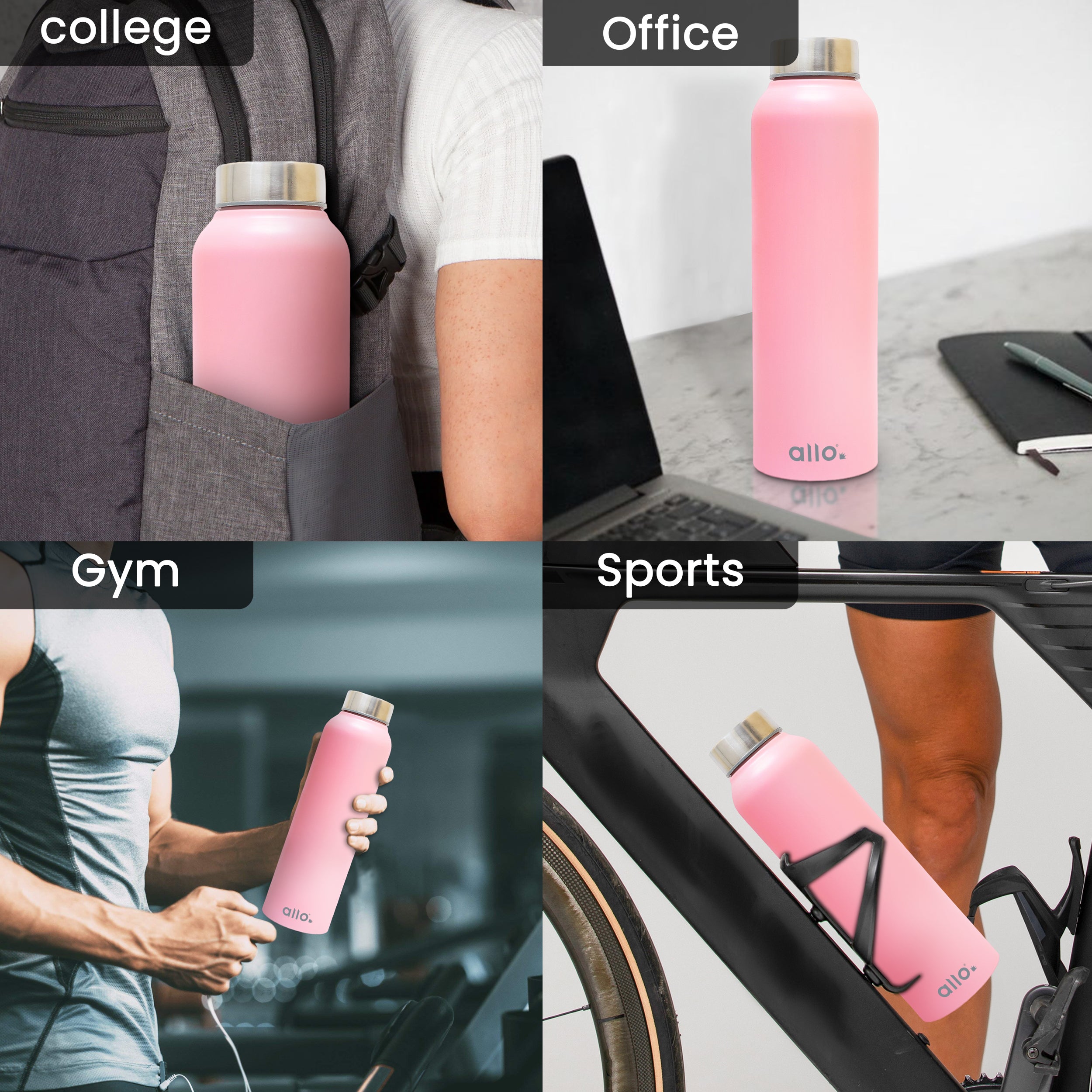 Allo Stainless Steel Water Bottle For Adults, Kids 0.95 Litre Water Bottles For School, Office, Sports, Gym 950ML Water Bottle For Men And Women, Pack Of 2 | Leak Proof & Bpa Free, Pink Steel Cap