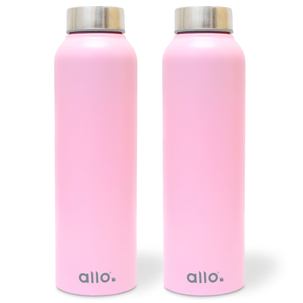 Allo Stainless Steel Water Bottle For Adults, Kids 1 Litre Water Bottles For School, Office, Sports, Gym 1L Water Bottle For Men And Women, Pack Of 2 | Leak Proof & Bpa Free, Pink Steel Cap