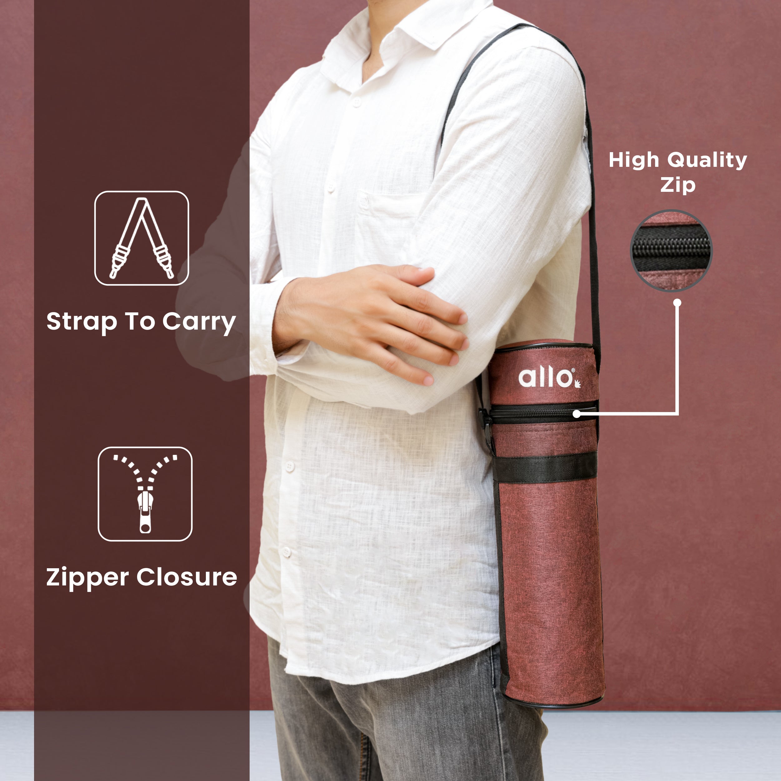 Allo Polyester Thermal Insulated 1L Bottle Cover – Water-Proof Modern Carrier Sleeve with Adjustable Shoulder Handle & Zipper Closure for Travel, Hiking, Office & School, WINE RED